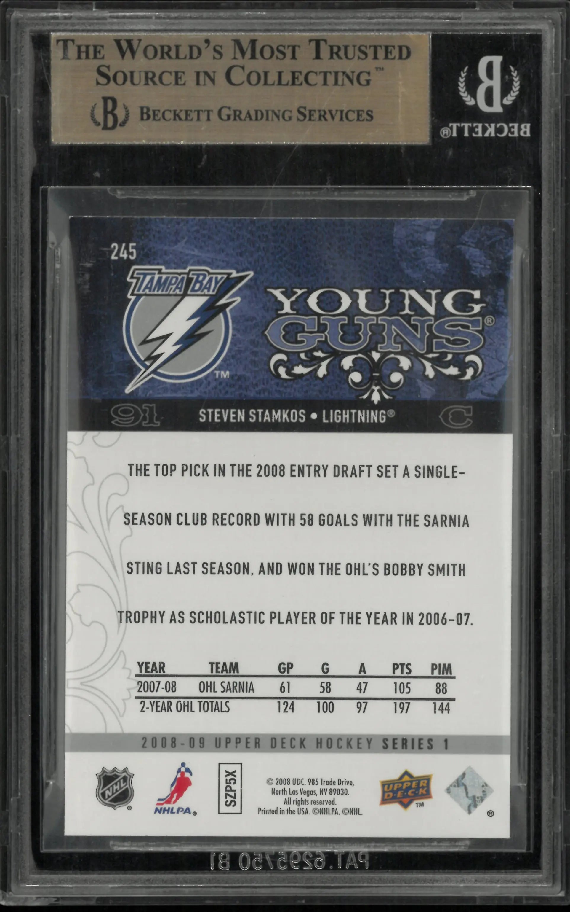2008-09 Upper Deck Series 1 Steven Stamkos Young Guns RC Rookie BGS 9.5 