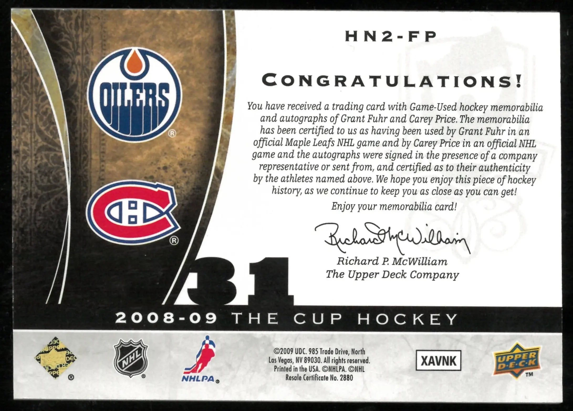 2008-09 Upper Deck The Cup Dual Honorable Numbers Patch Auto Grant Fuhr Carey Price /31 
