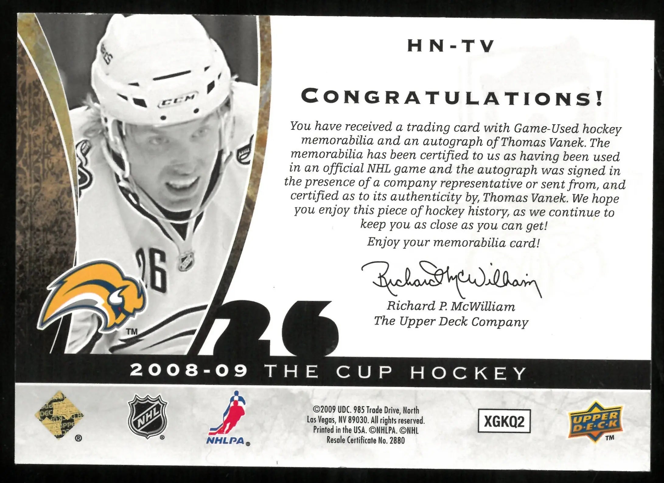 2008-09 Upper Deck The Cup Patch Auto Thomas Vanek /26 