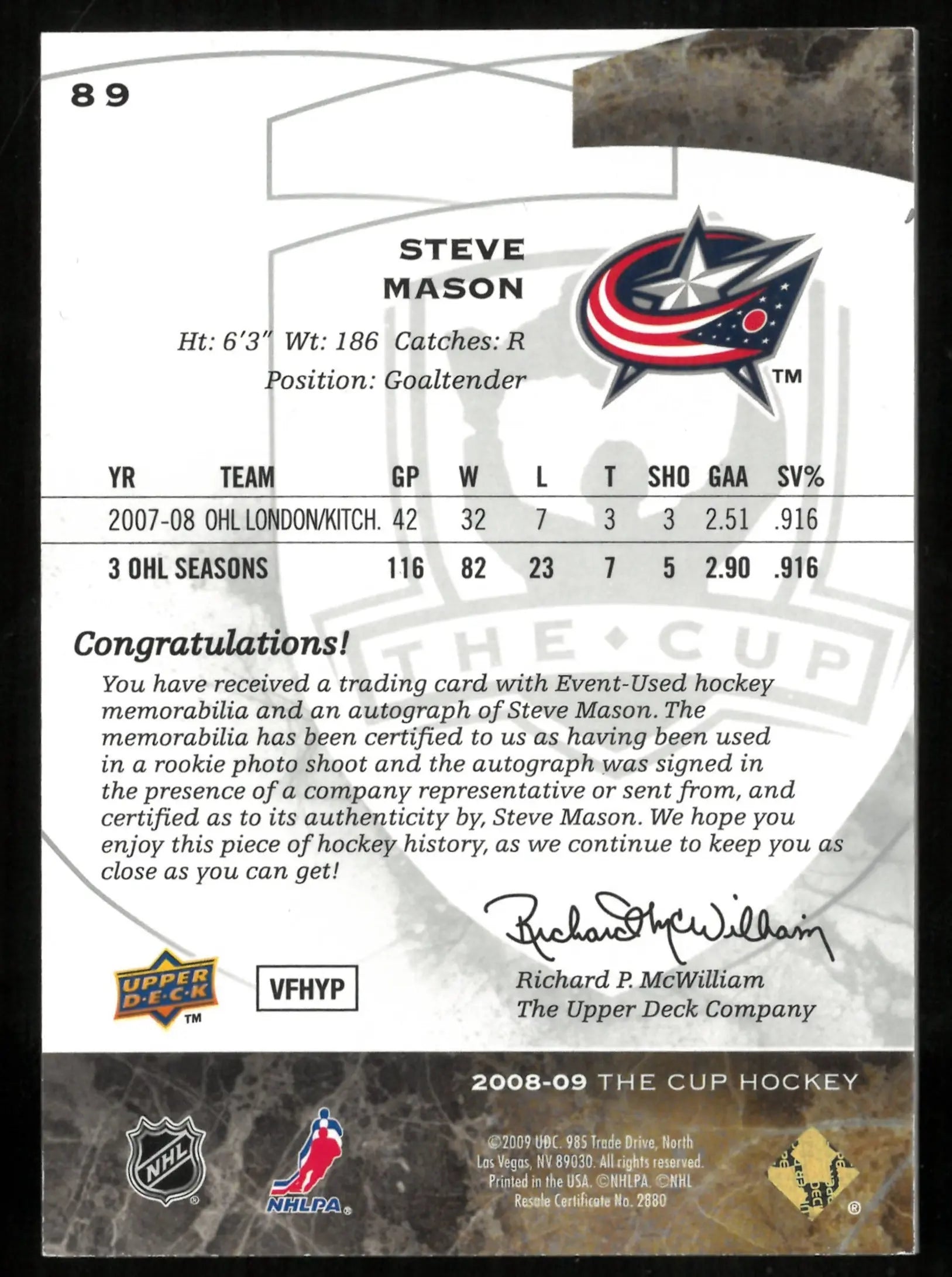 2008-09 Upper Deck The Cup Rookie Patch Auto Steve Mason /249 