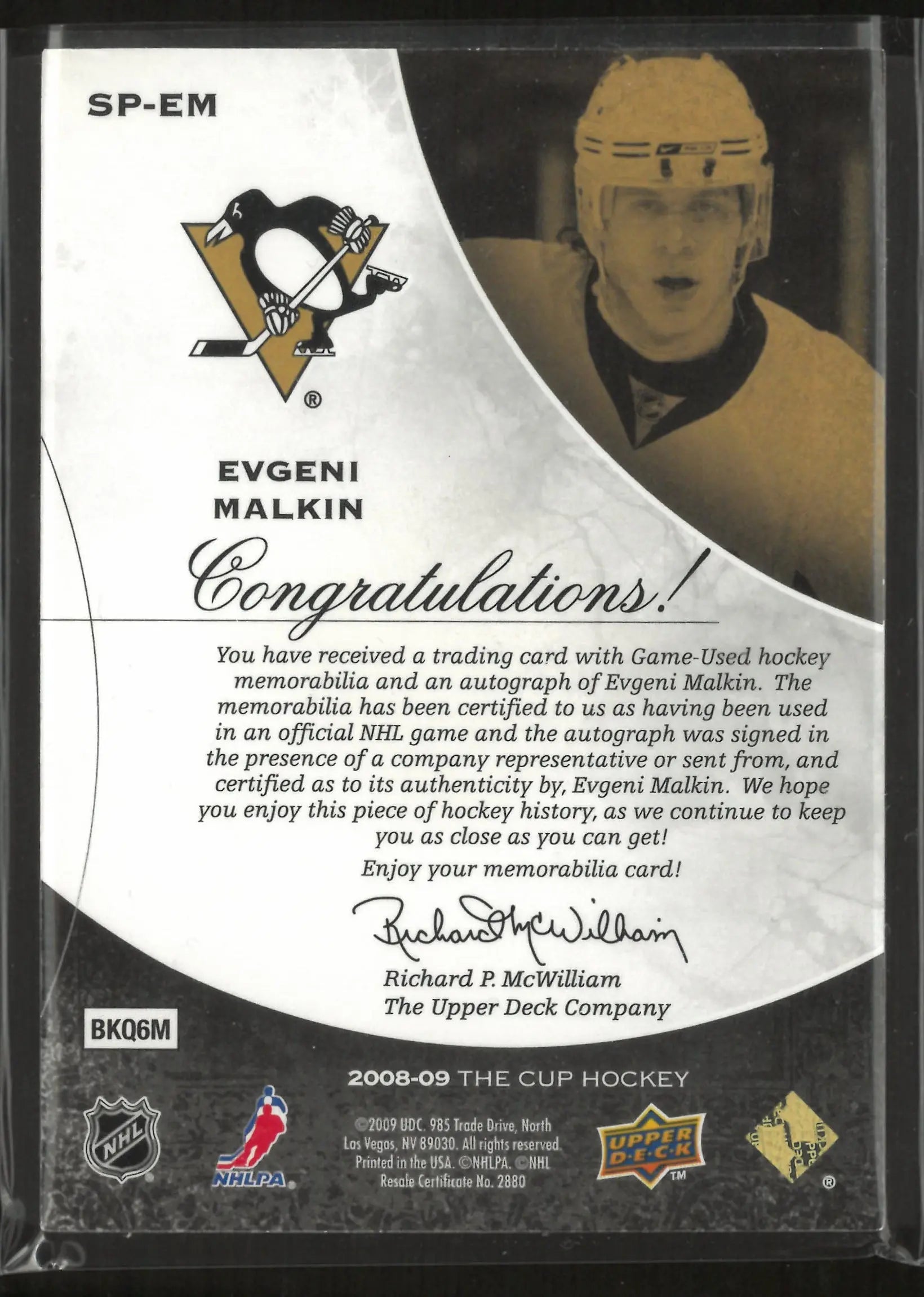 2008-09 Upper Deck The Cup Signature Patches Evgeni Malkin Autograph Auto /75 