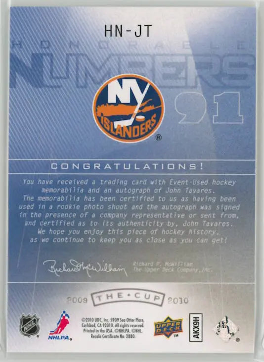 2008-10 UD The Cup Honorable Numbers Patch Autograph John Tavares /91 