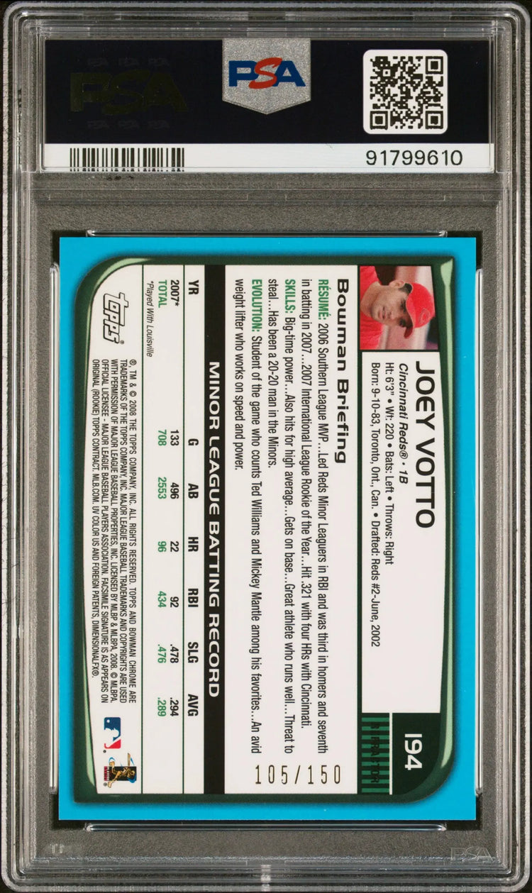 2008 Bowman Chrome Joey Votto RC Rookie Blue Refractor Auto PSA 10 /150 