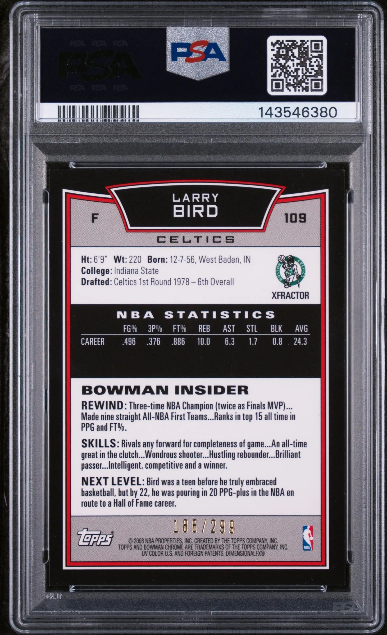 2008 Bowman Chrome Larry Bird Xfractor /299 PSA 9 