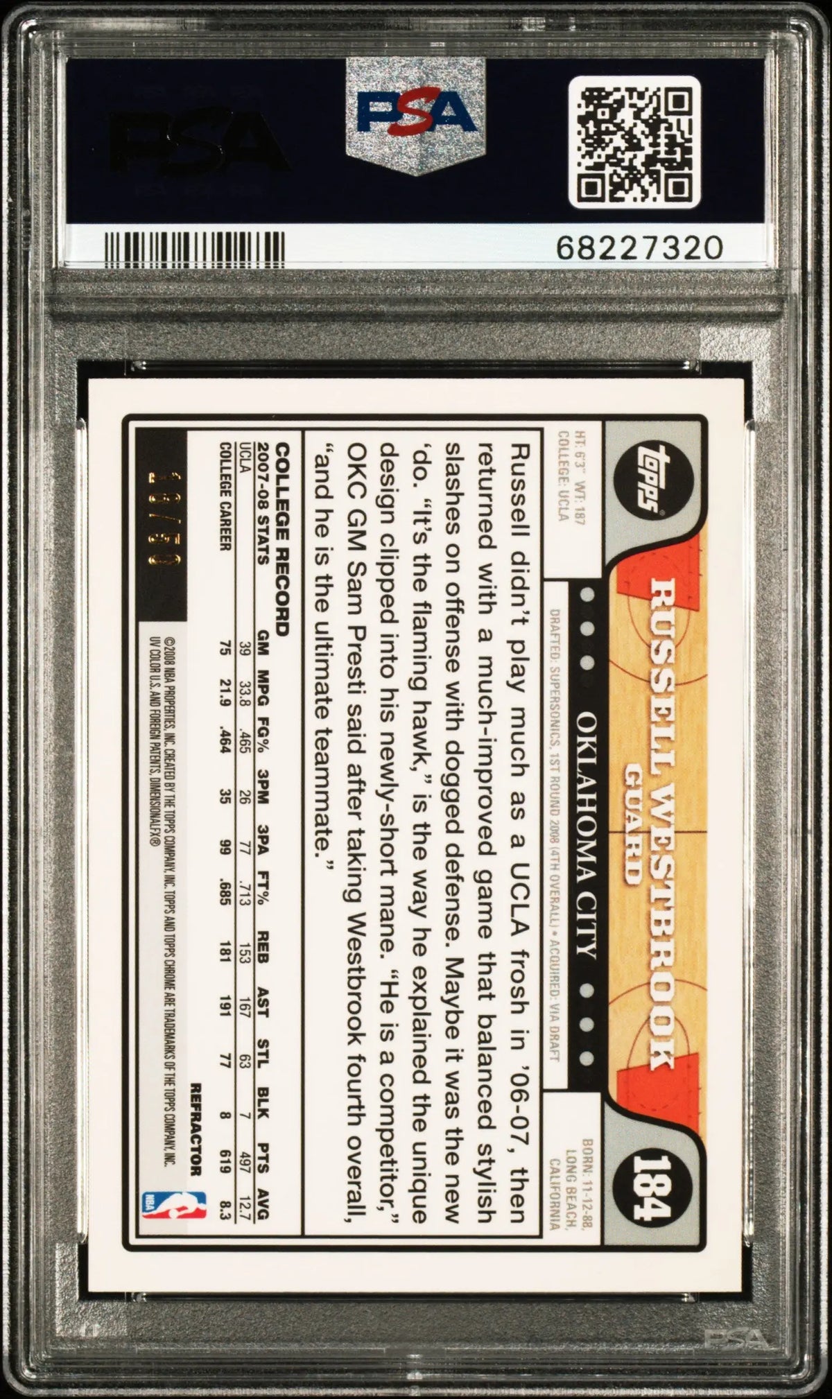 2008 Topps Chrome Basketball Russell Westbrook RC Gold Refractor PSA 1