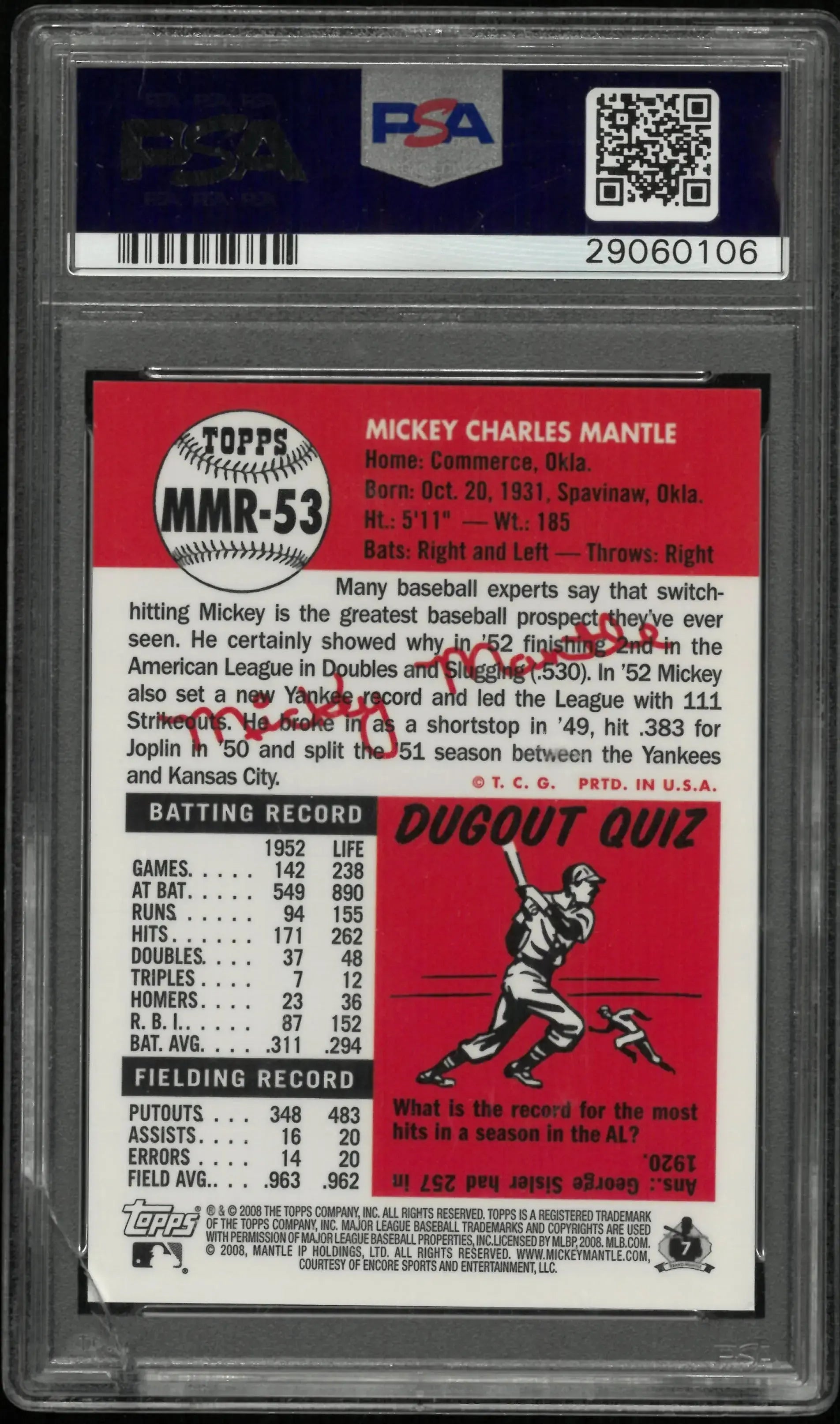 2008 Topps Mickey Mantle REPRINT Mickey Mantle Blue Refractor PSA 9 