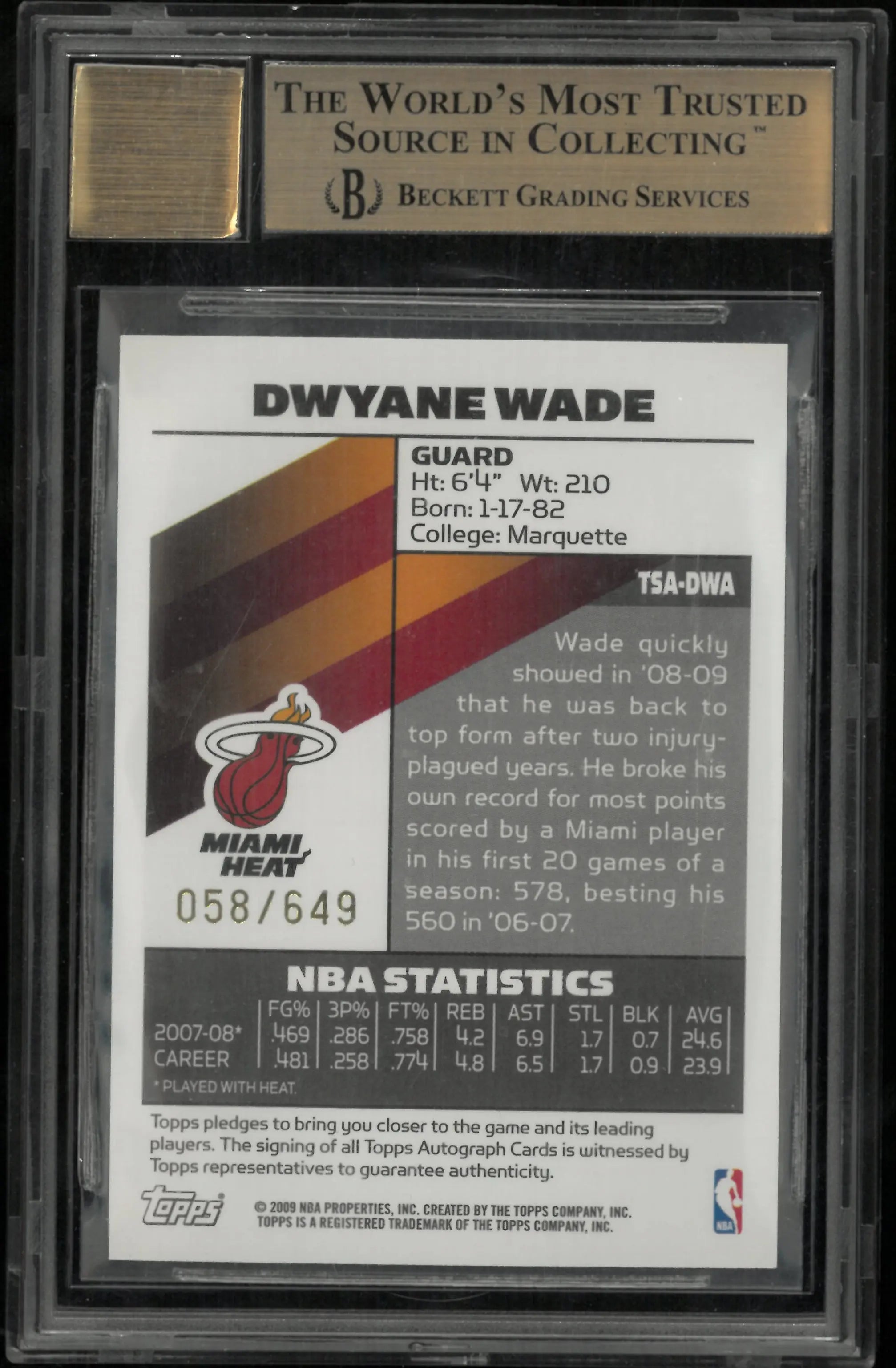 2008 Topps Signature Autographs Auto Dwyane Wade /649 BGS 9.5 Auto 10 