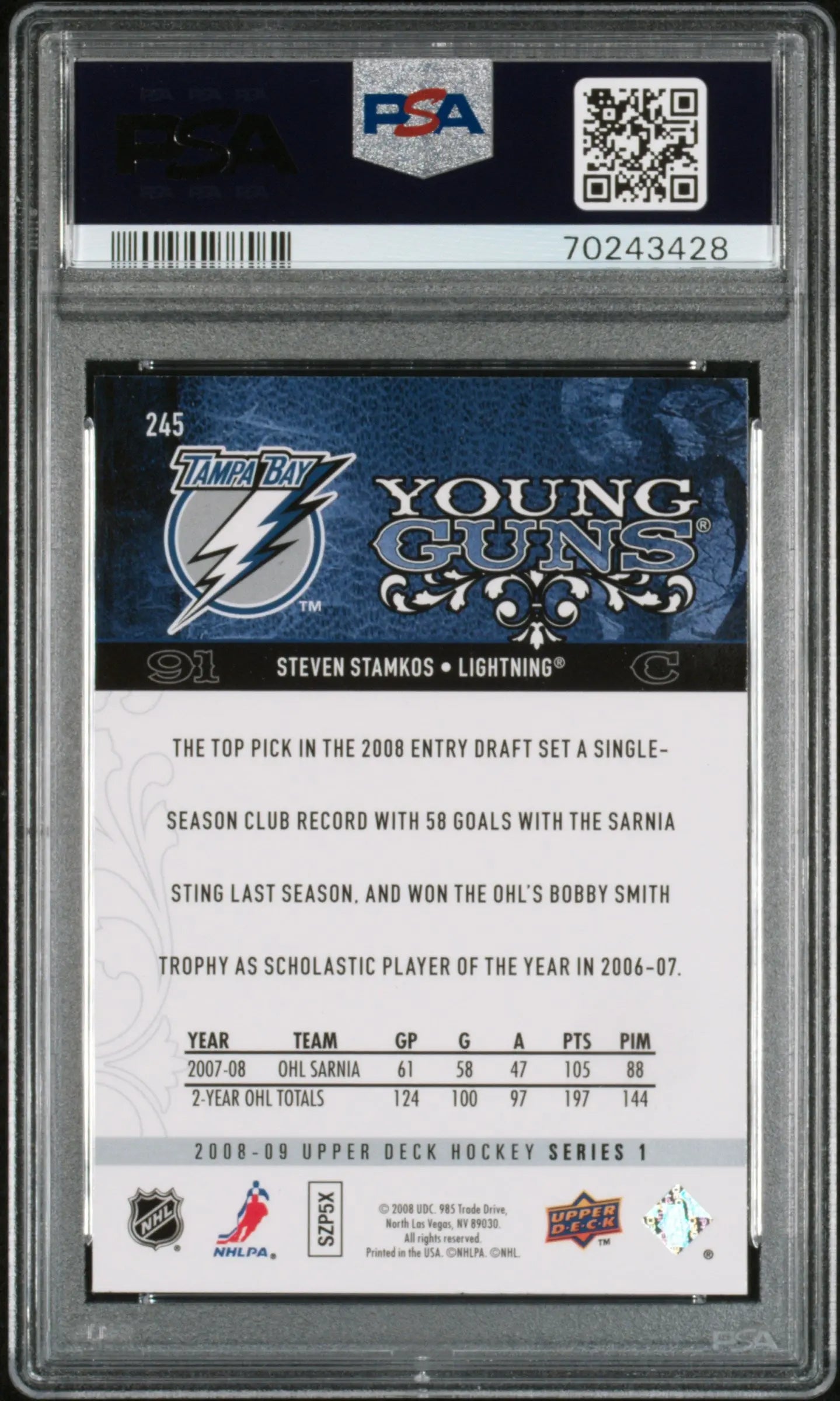 2008 Upper Deck Series 1 Young Guns Rookie Steven Stamkos RC PSA 9 