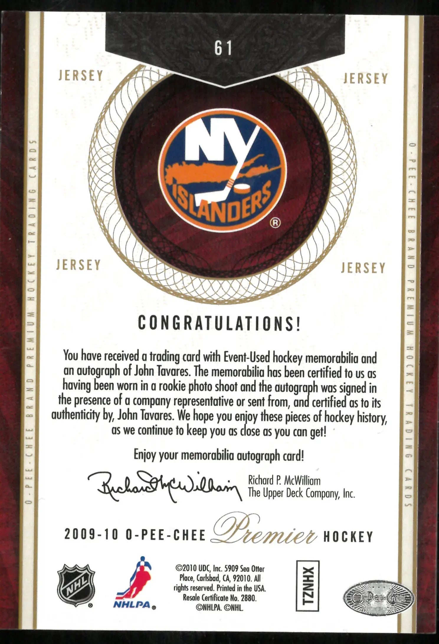 2009-10 O-Pee-Chee Premier Hockey Jersey Patch Auto John Tavares /299 