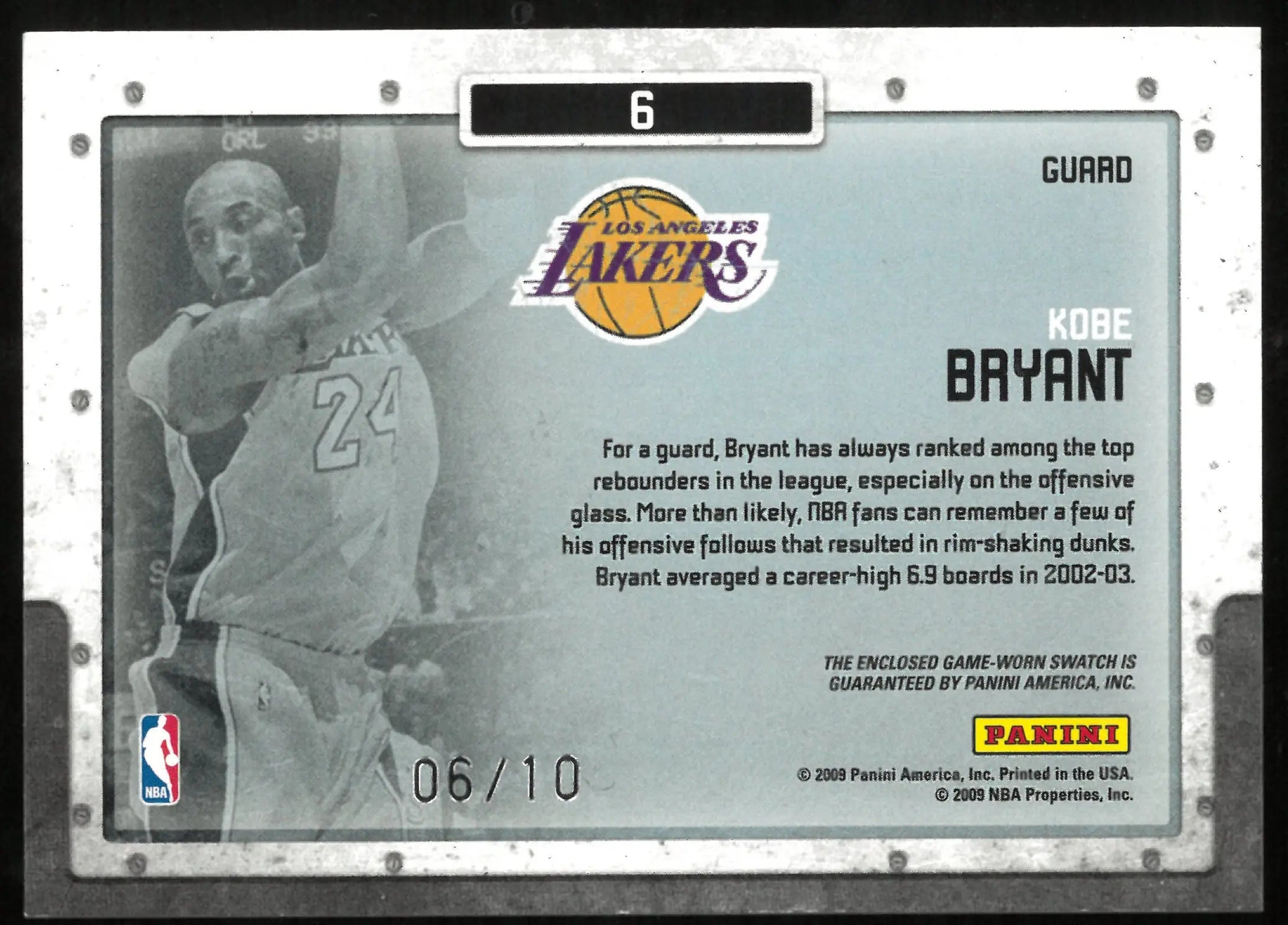 2009-10 Panini Limited Basketball Kobe Bryant Glass Cleaners Patch /10 