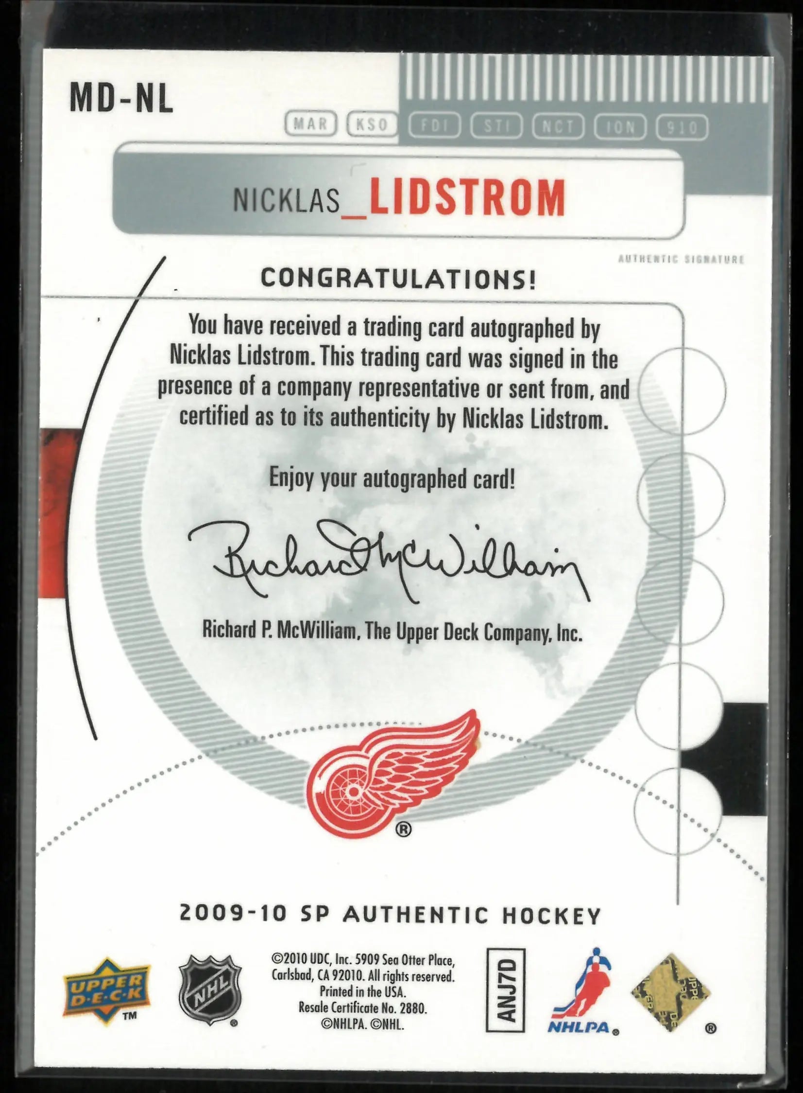 2009-10 UD SP Authentic Marks of Distinction Autograph Nicklas Lidstrom Auto /25 