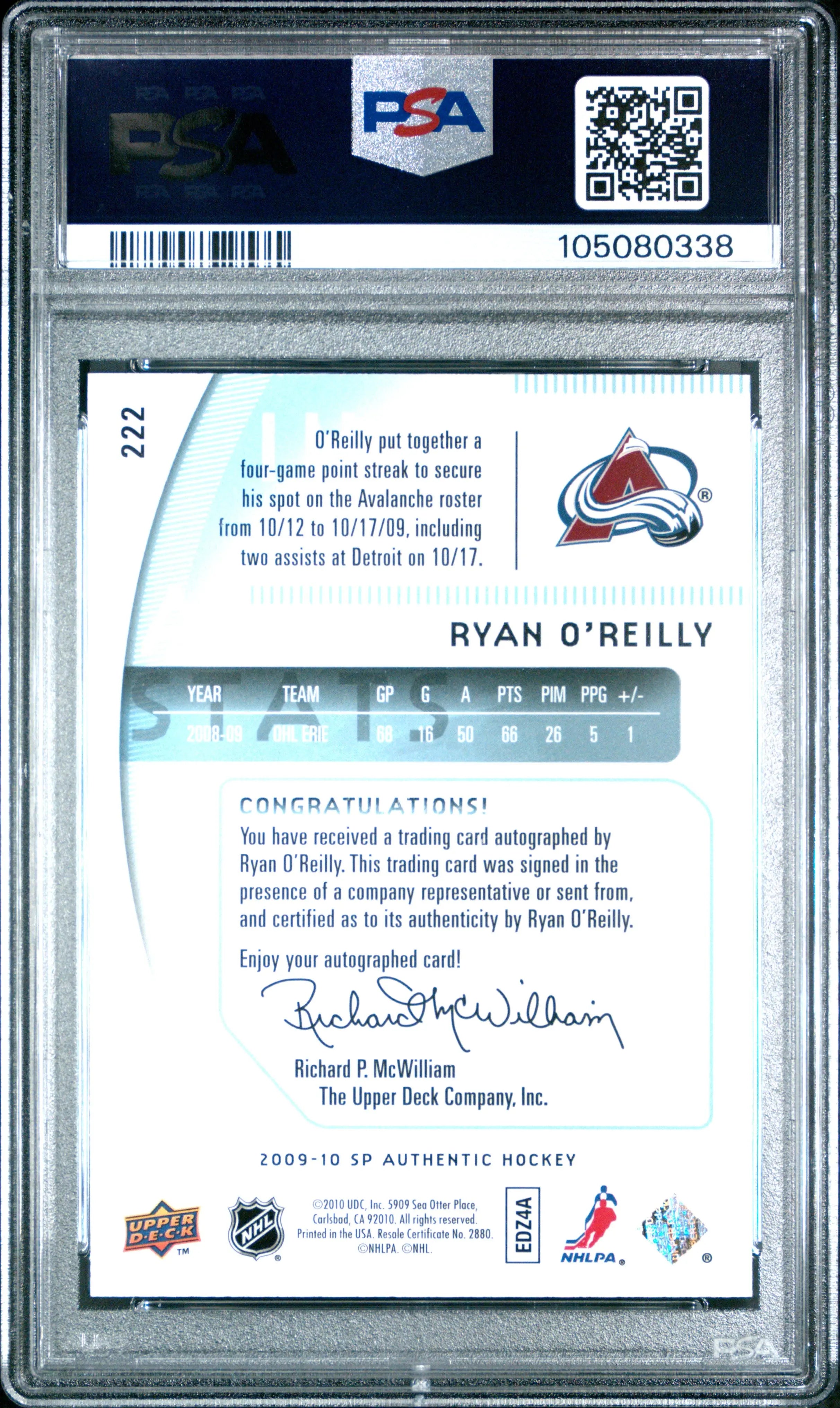 2009-10 UD SP Authentic Ryan O'reilly Future Watch RC Autograph Auto PSA 10 /999 