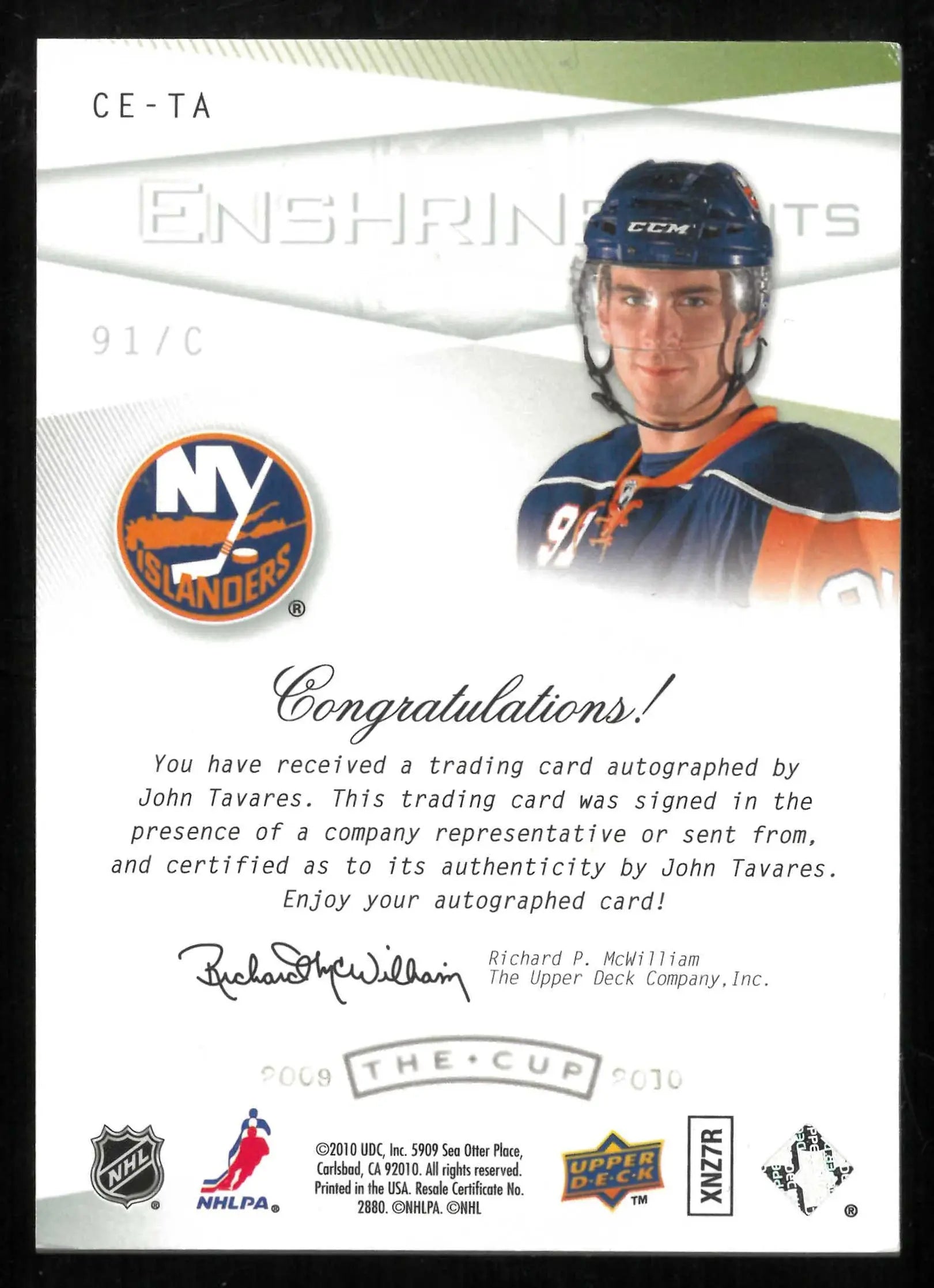 2009-10 UD The Cup Enshrinements Autograph Rookie John Tavares Auto RC 50/50 