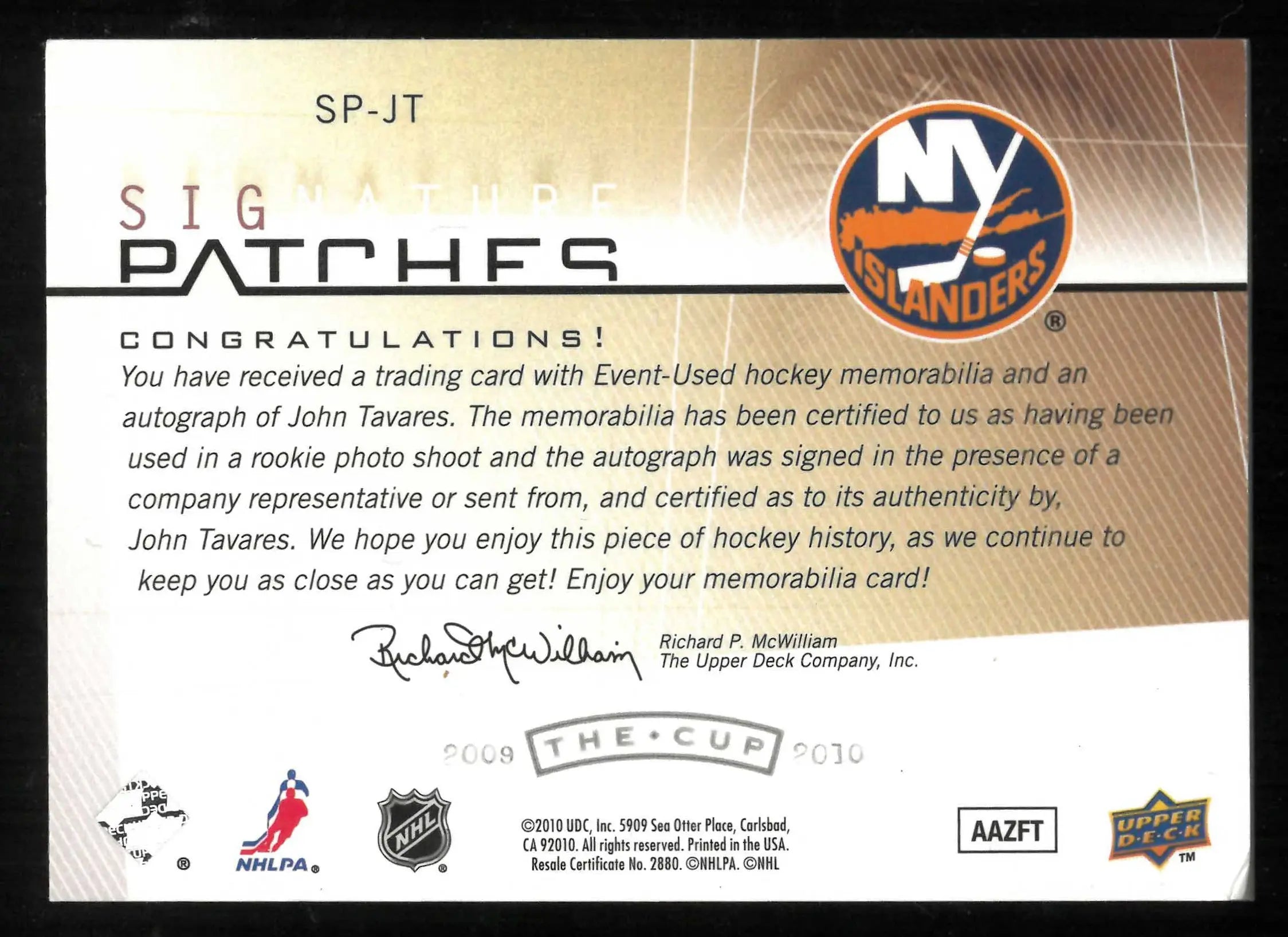 2009-10 UD The Cup Signature Patches Autograph Rookie John Tavares Auto RC /75 