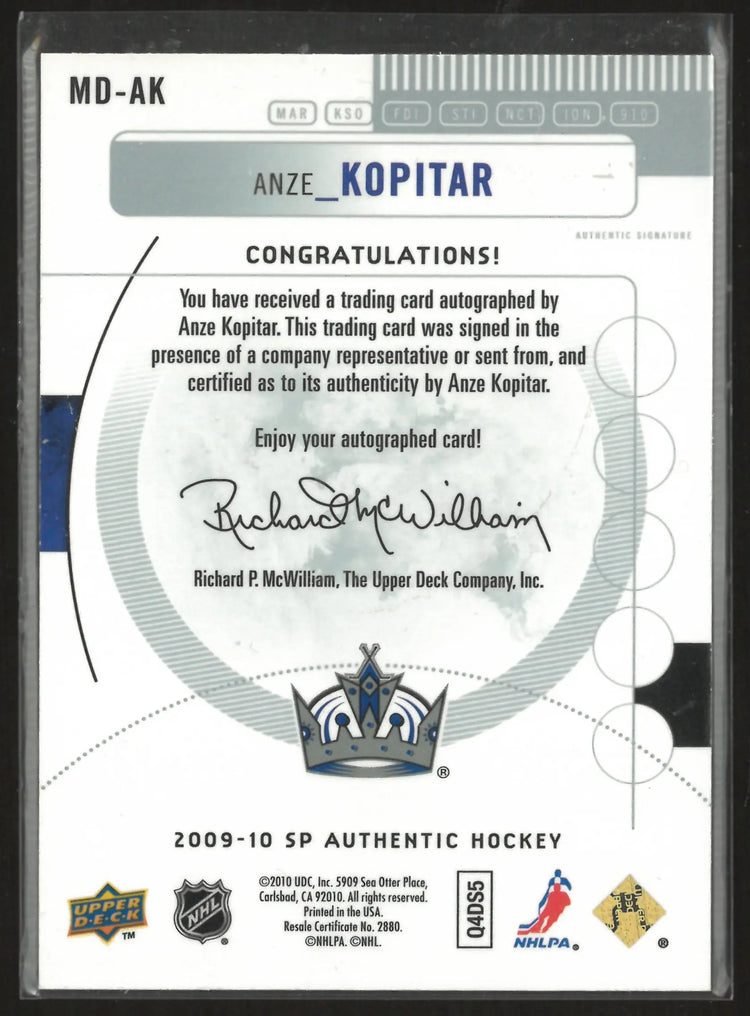 2009-10 Upper Deck SP Auth Marks of Distinction Autograph Anze Kopitar Auto /25 