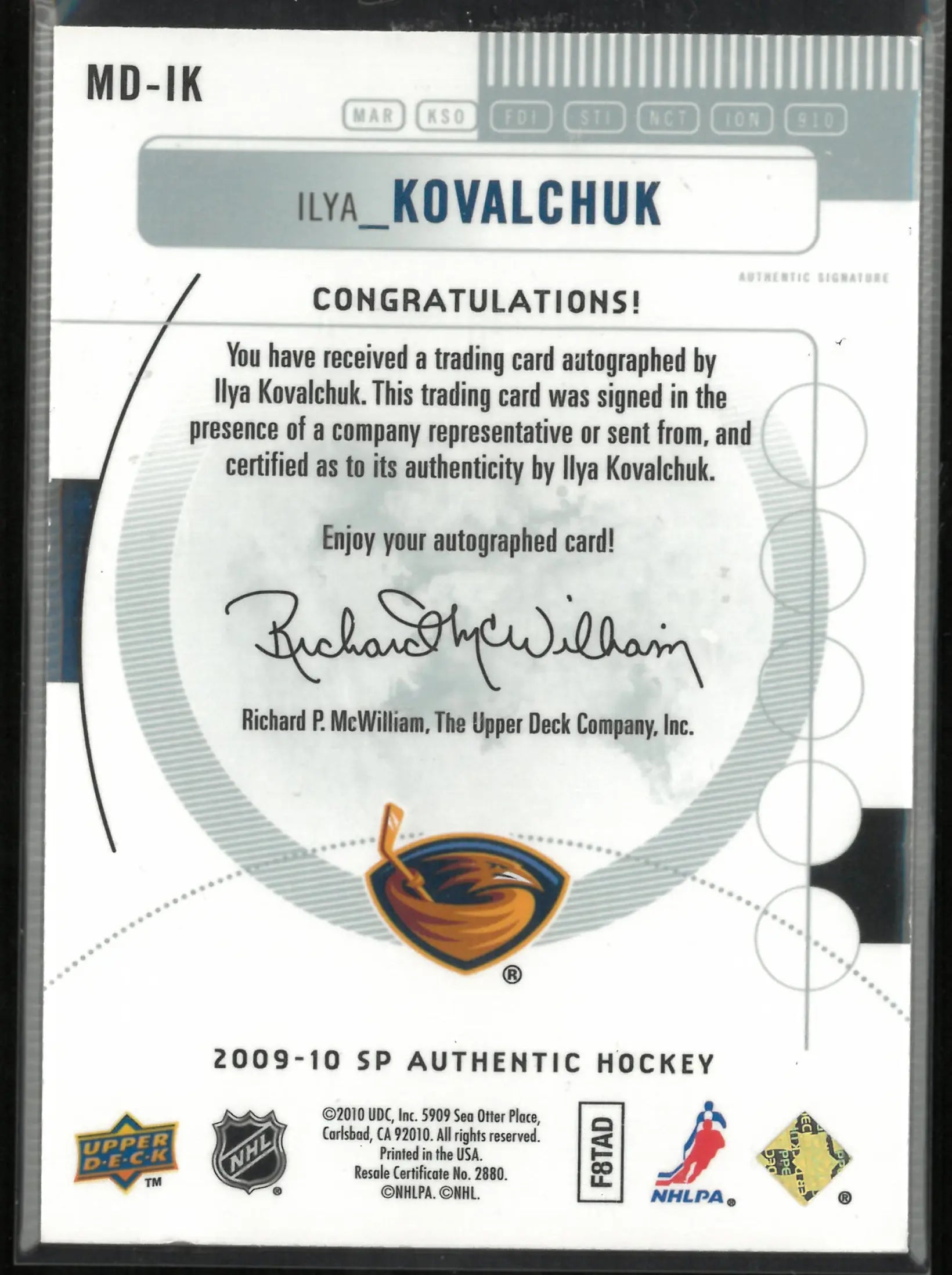 2009-10 Upper Deck SP Authentic Marks of Distinction Autograph Ilya Kovalchuk/25 