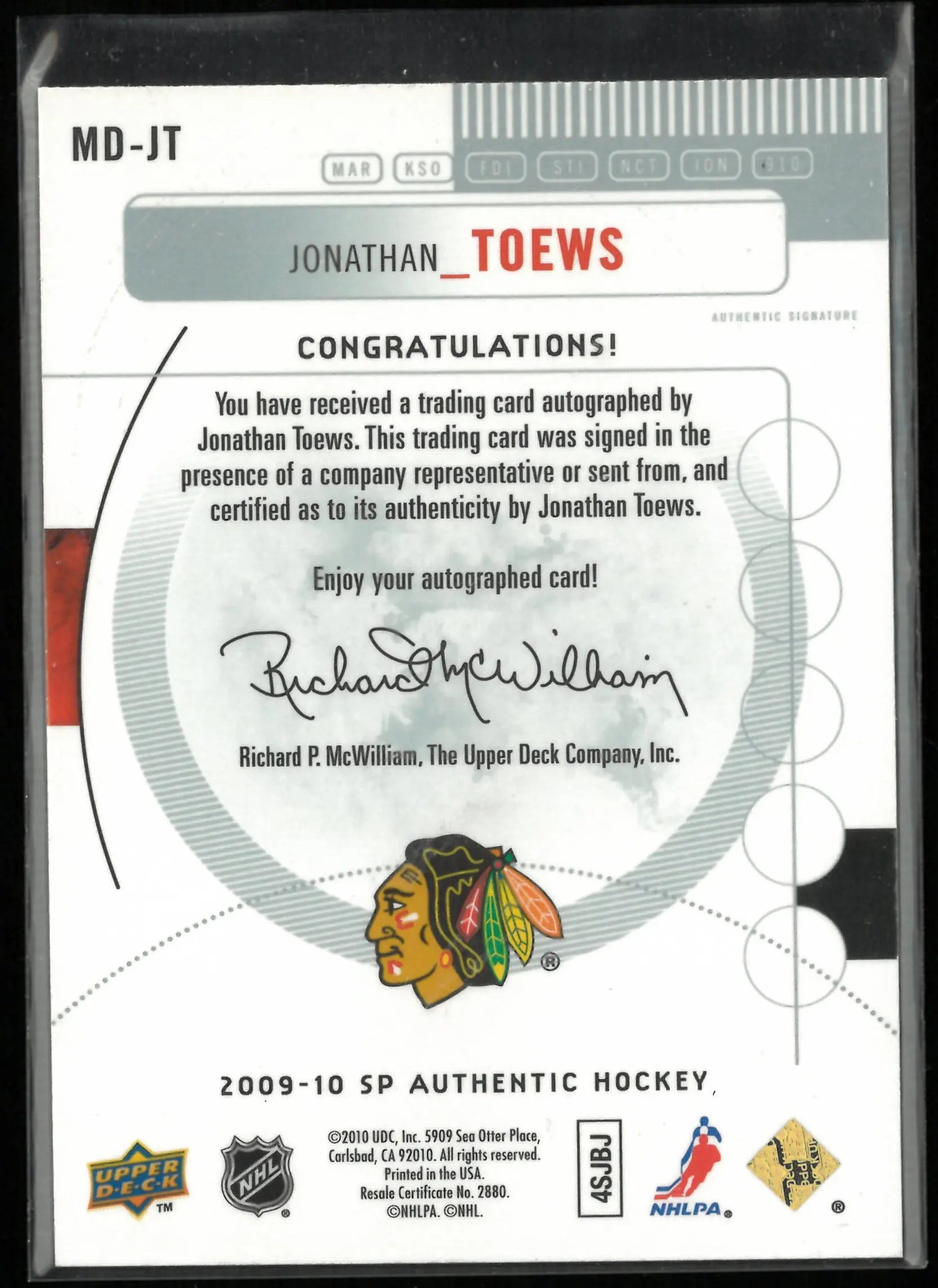 2009-10 Upper Deck SP Authentic Marks of Distinction Jonathan Toews Autograph/25 