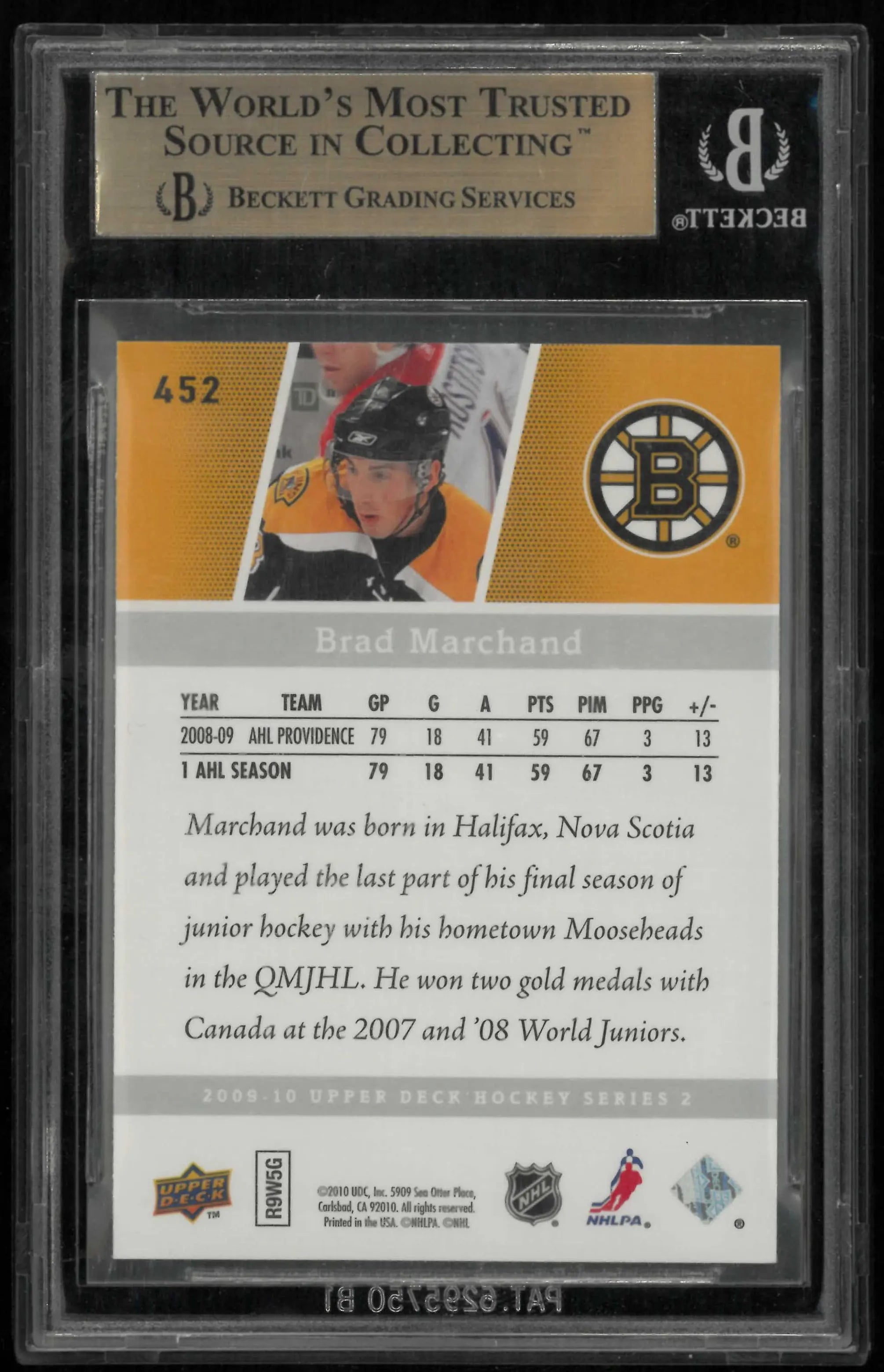 2009-10 Upper Deck Series 2 Young Guns Rookie Brad Marchand RC BGS 9.5 