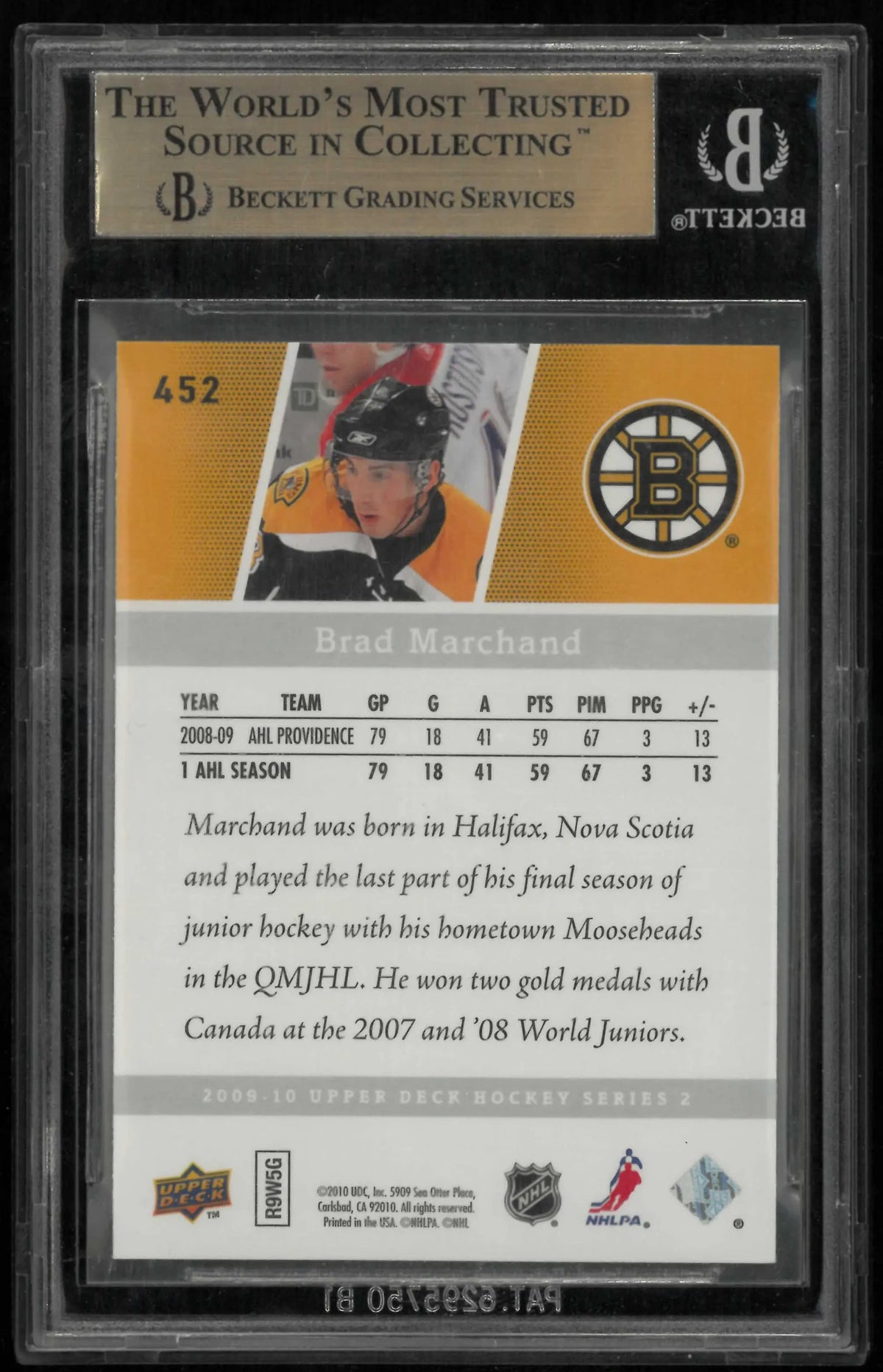 2009-10 Upper Deck Series 2 Young Guns Rookie Brad Marchand RC BGS 9.5 