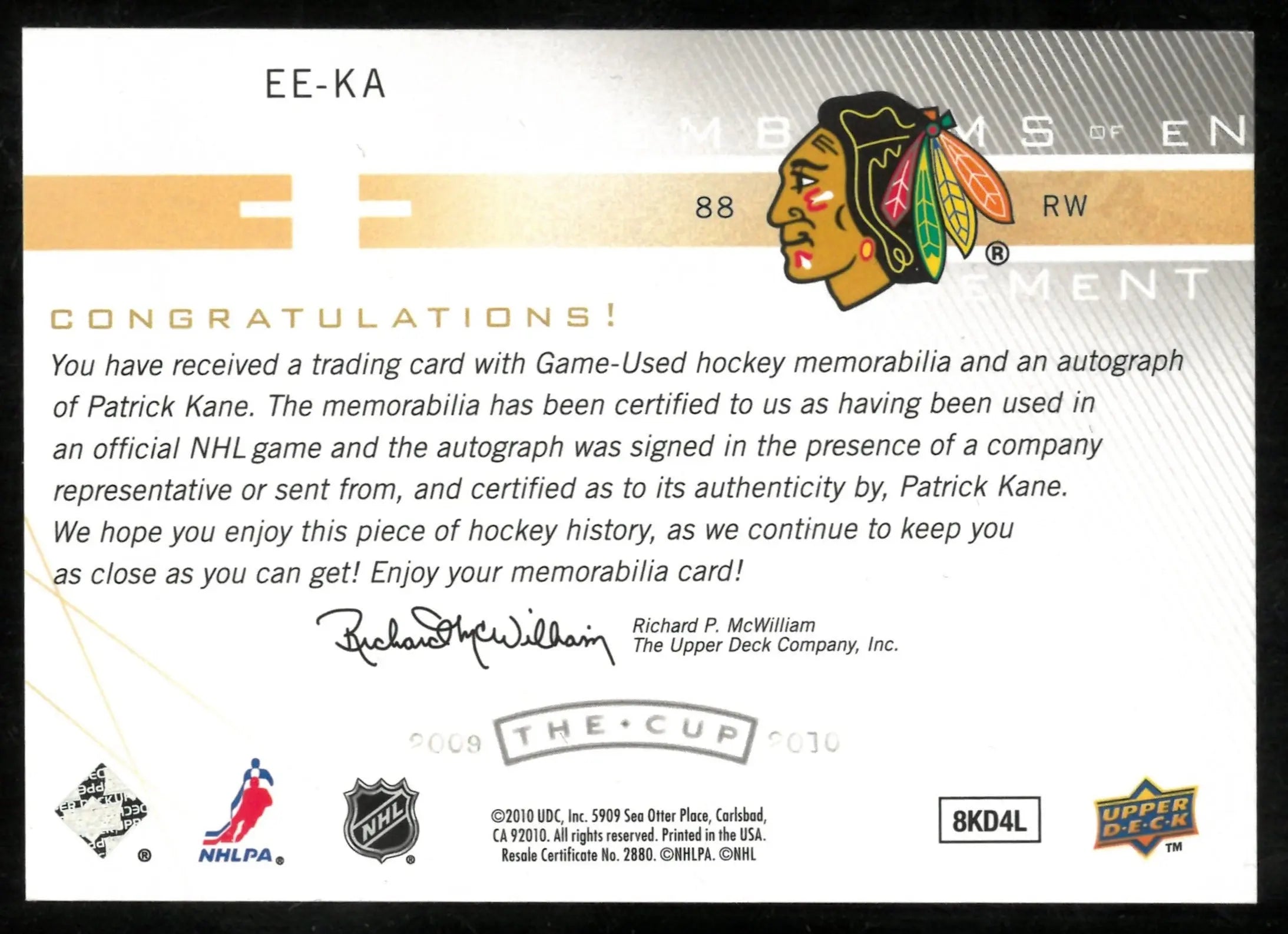 2009-10 Upper Deck The Cup Emblems Of Endorsement Dual Patch Auto Patrick Kane /15 
