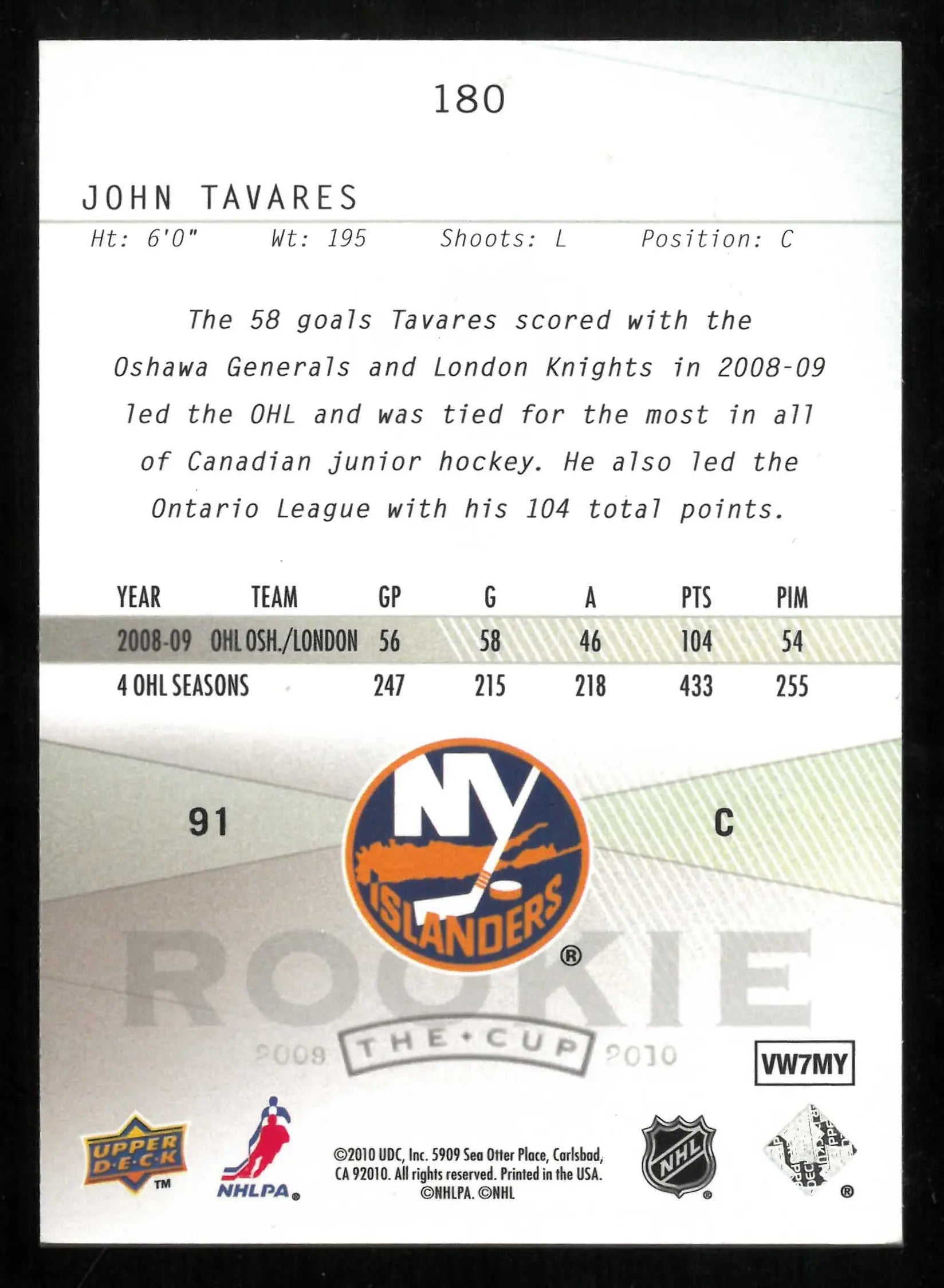 2009-10 Upper Deck The Cup Rookie John Tavares RC /25 