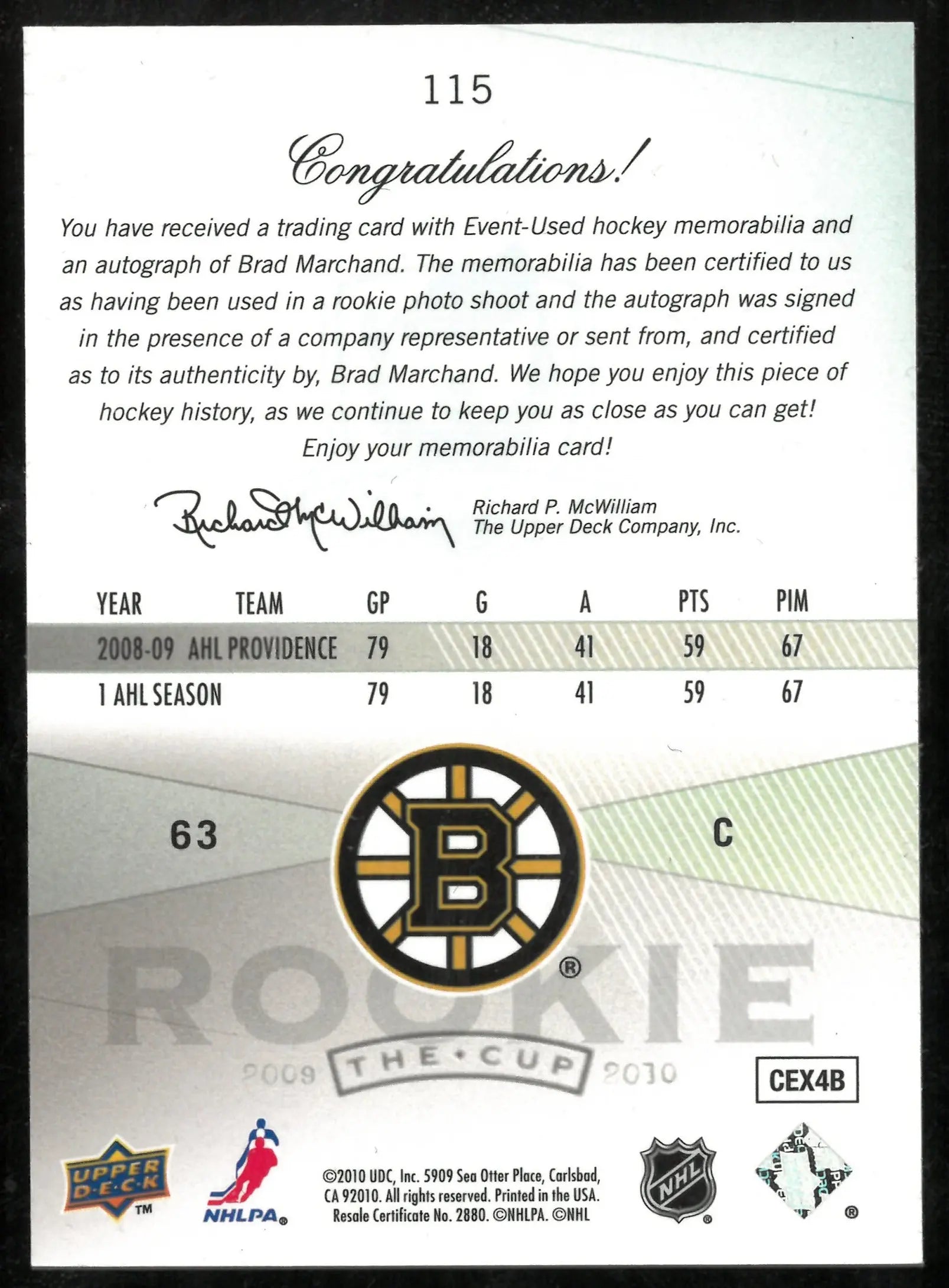 2009-10 Upper Deck The Cup Rookie Patch Auto Brad Marchand /249 