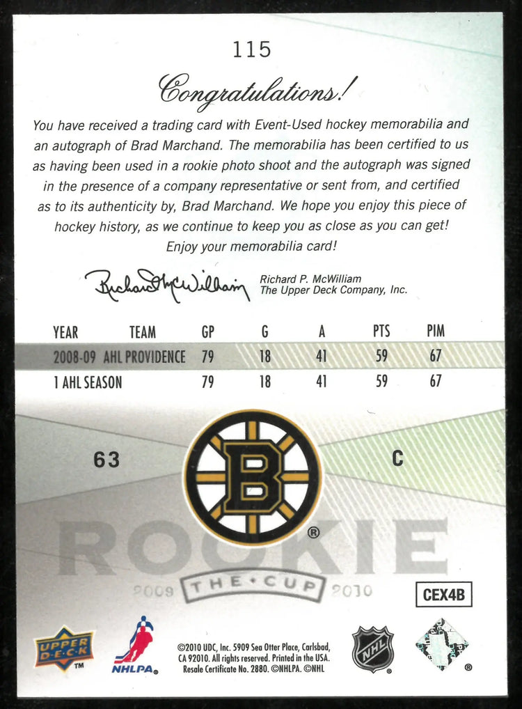 2009-10 Upper Deck The Cup Rookie Patch Auto Brad Marchand /249 