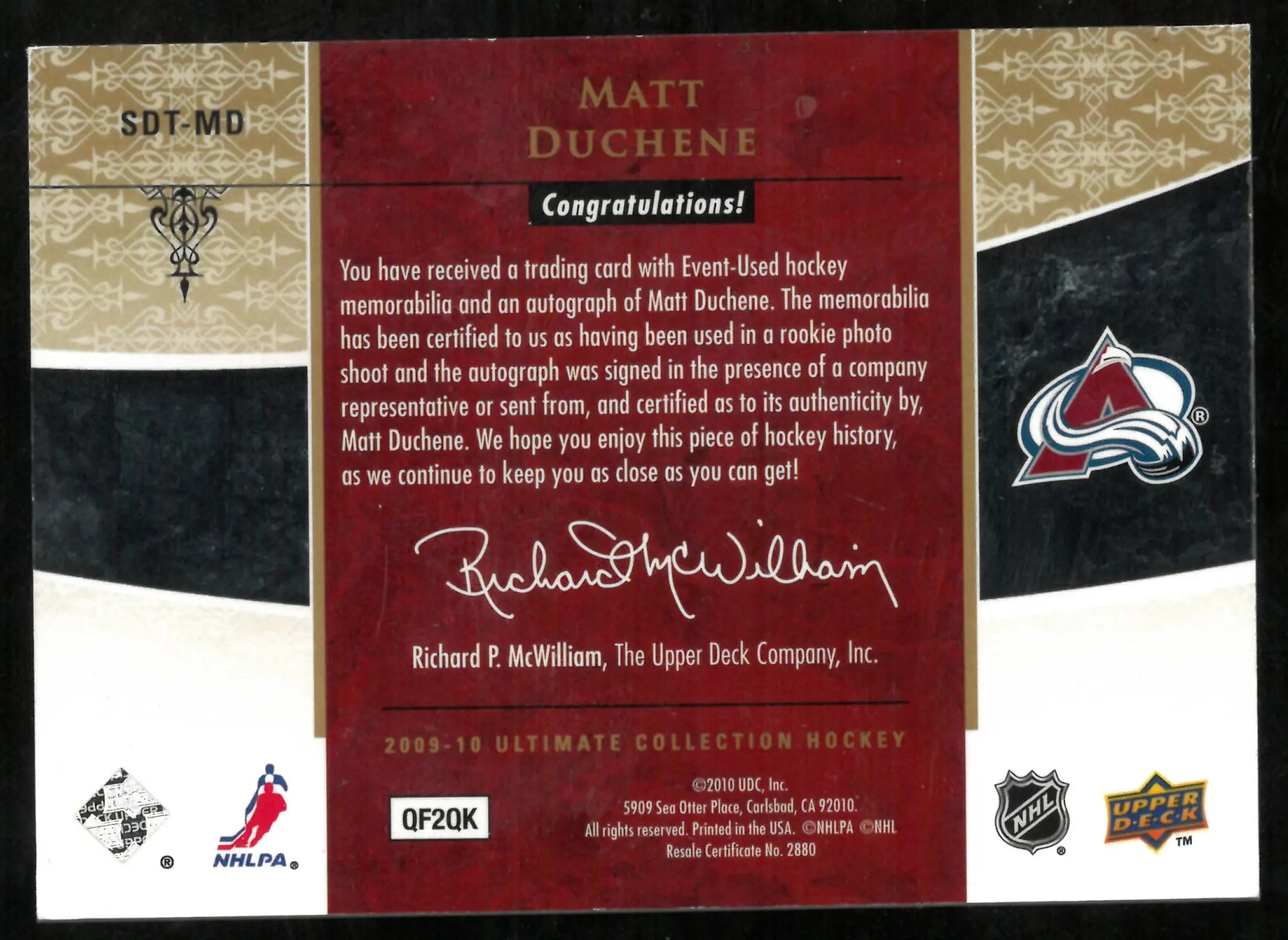 2009-10 Upper Deck Ultimate Collection Auto Debut Threads Patch Matt Duchene /25 