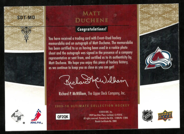 2009-10 Upper Deck Ultimate Collection Auto Debut Threads Patch Matt Duchene /25 