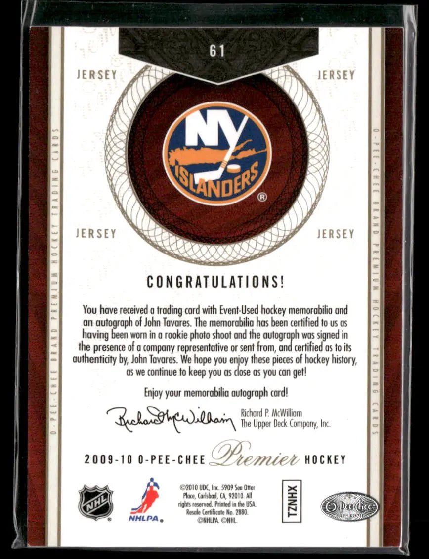 2009 O-Pee-Chee Premier Quad Rookie Patch Auto John Tavares /299 