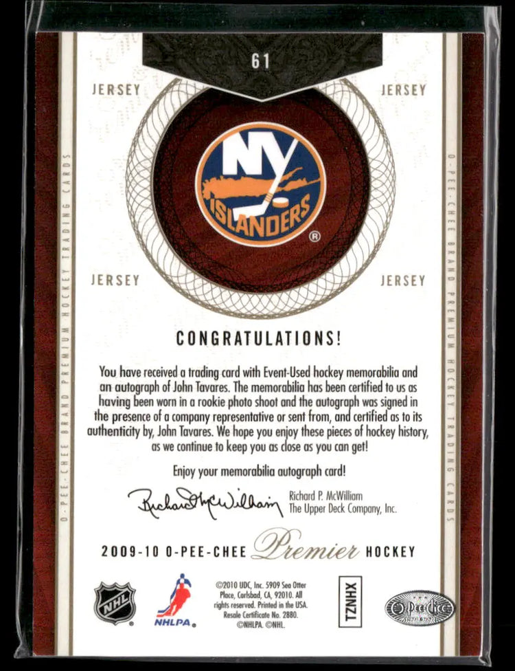 2009 O-Pee-Chee Premier Quad Rookie Patch Auto John Tavares /299 