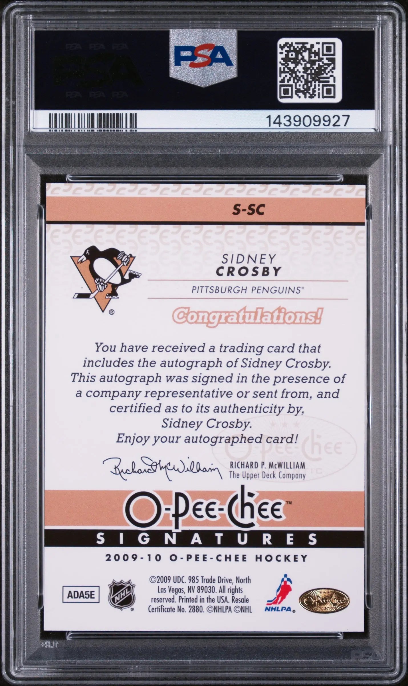 2009 O-Pee-Chee Signatures Autograph Sidney Crosby Auto PSA 8 
