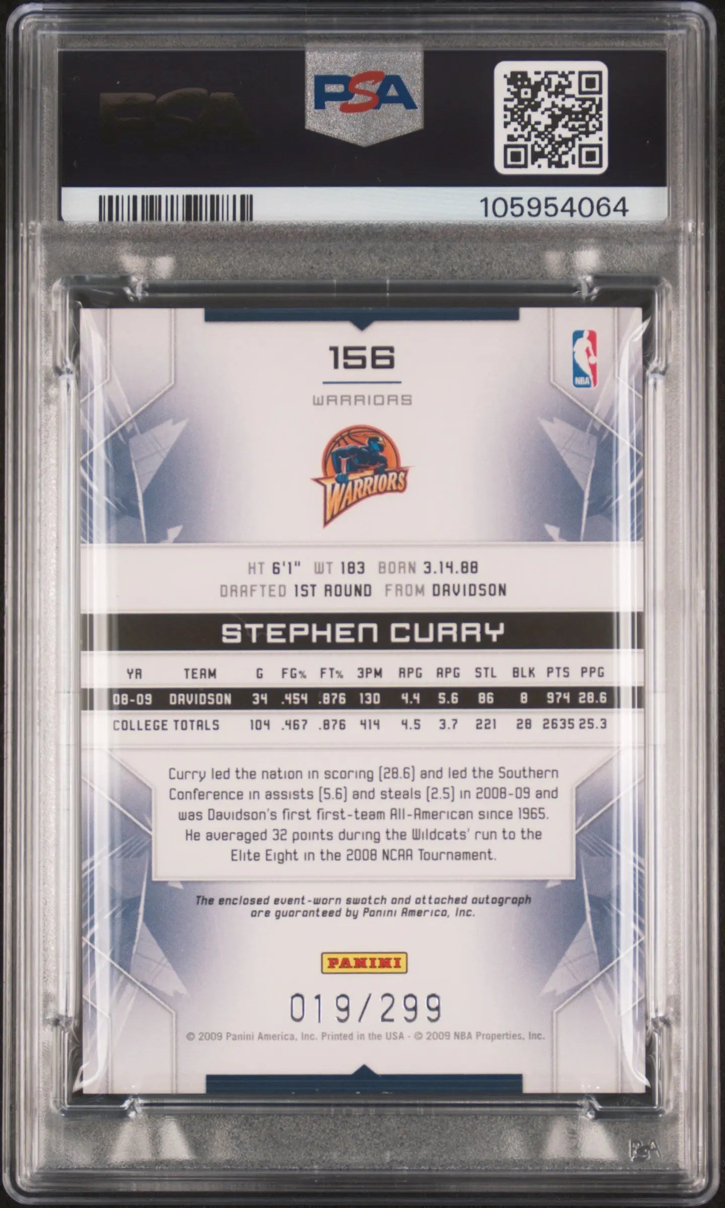 2009 Panini Limited Stephen Curry Jersey Autograph Auto 2nd Year PSA 8 /299 