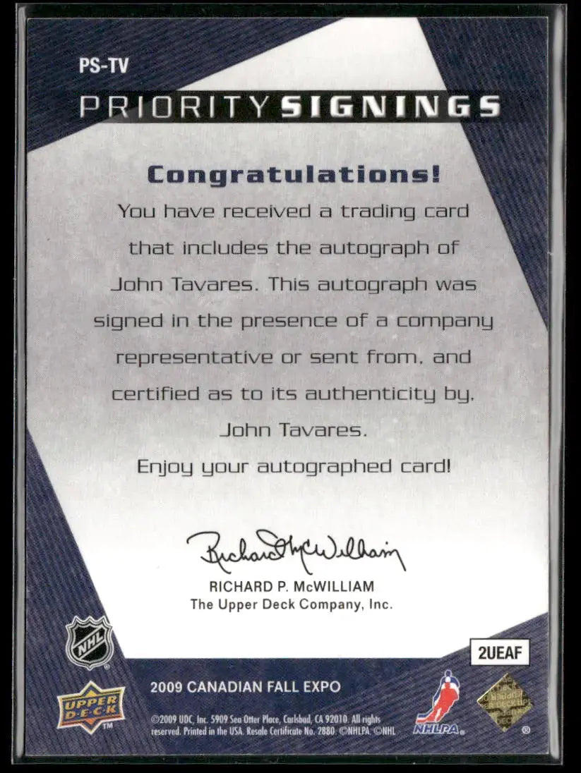 2009 Upper Deck Canadian Fall Expo Rookie Priority Signings John Tavares /25 