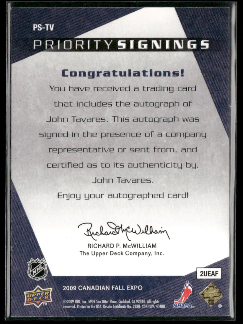 2009 Upper Deck Canadian Fall Expo Rookie Priority Signings John Tavares /25 