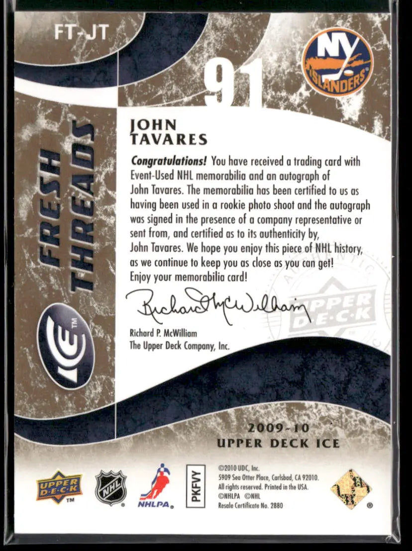 2009 Upper Deck Ice Hockey Fresh Threads Rookie Patch Auto John Tavares /35 