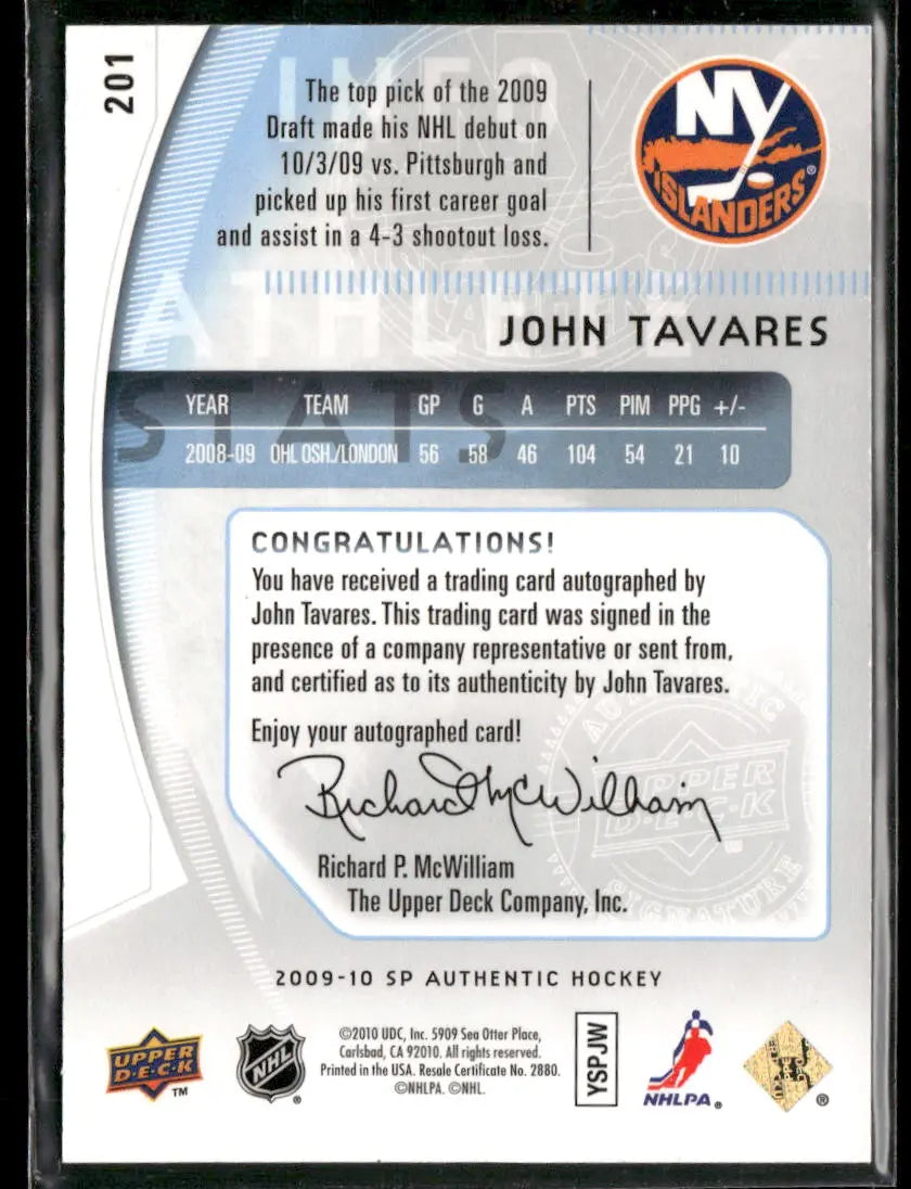 2009 Upper Deck SP Authentic Hockey Rookie Future Watch Auto John Tavares /999 