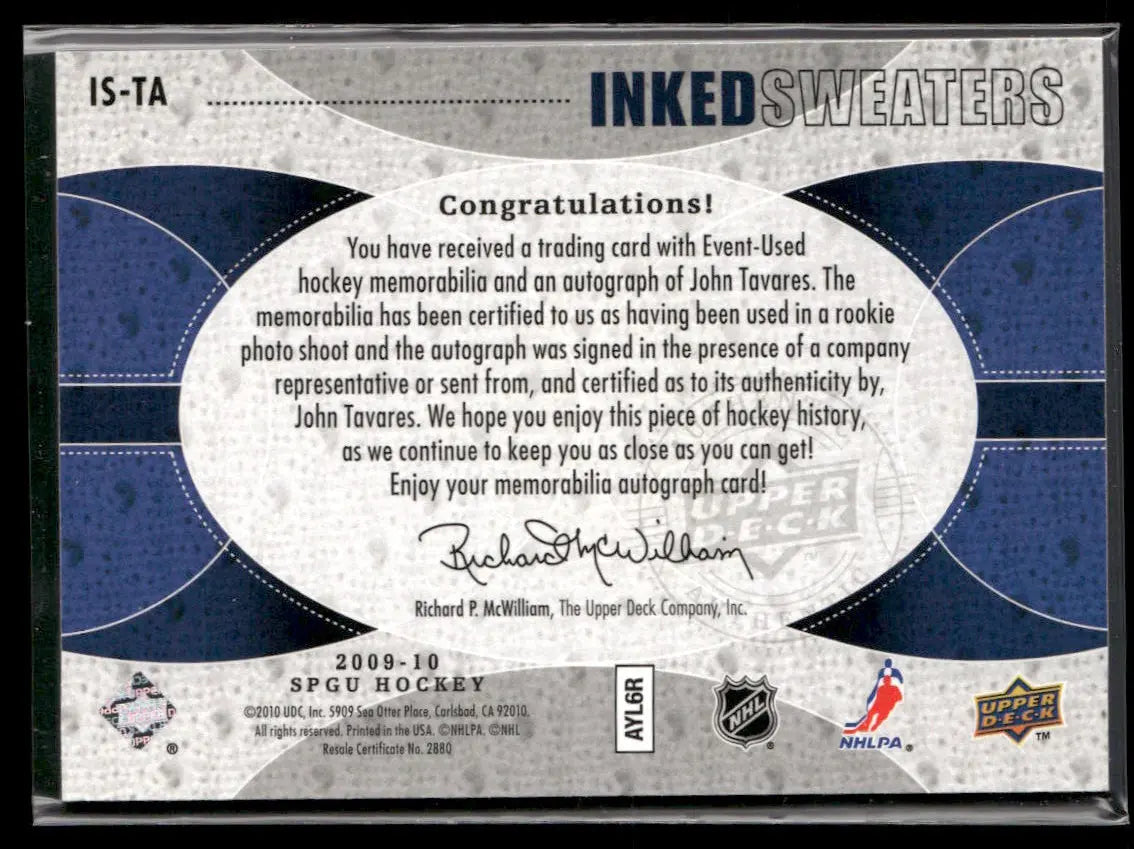 2009 Upper Deck SP Game Used Hockey Rookie Inked Sweaters John Tavares /50 