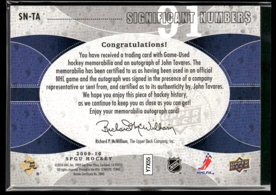 2009 Upper Deck SP Game Used Significant Numbers Rookie Patch Auto John Tavares /91 