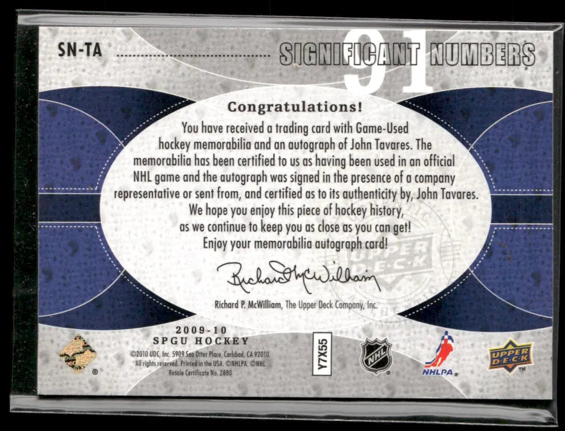 2009 Upper Deck SP Game Used Significant Numbers Rookie Patch Auto John Tavares /91 