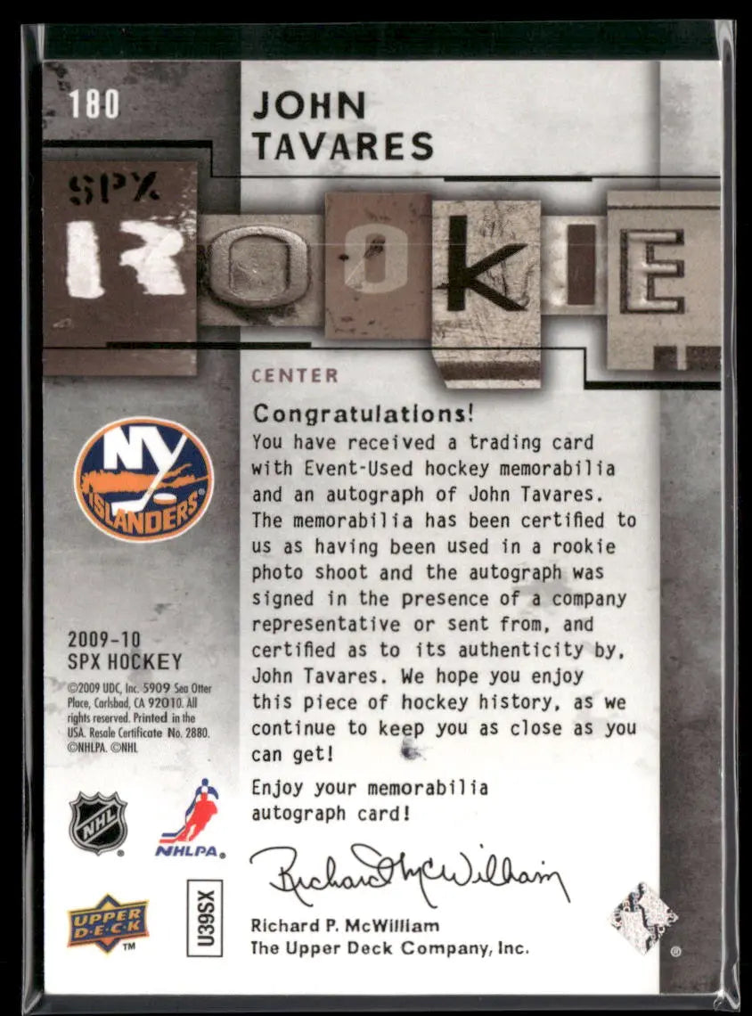 2009 Upper Deck SPx Hockey Rookie Patch Auto John Tavares /499 