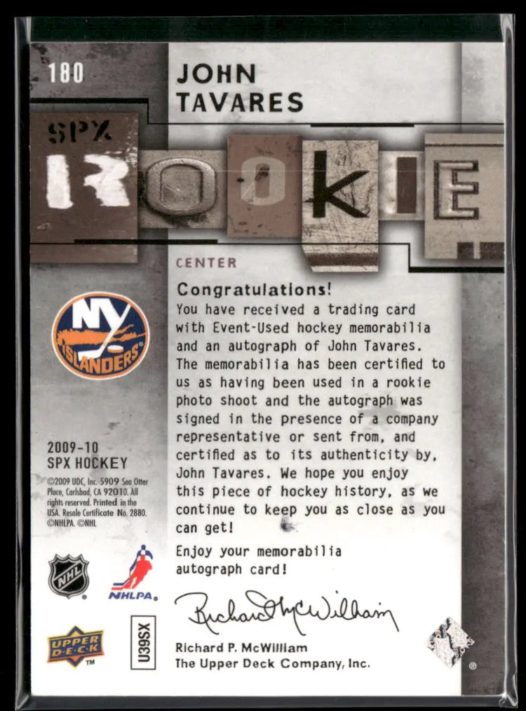 2009 Upper Deck SPx Hockey Rookie Patch Auto John Tavares /499 
