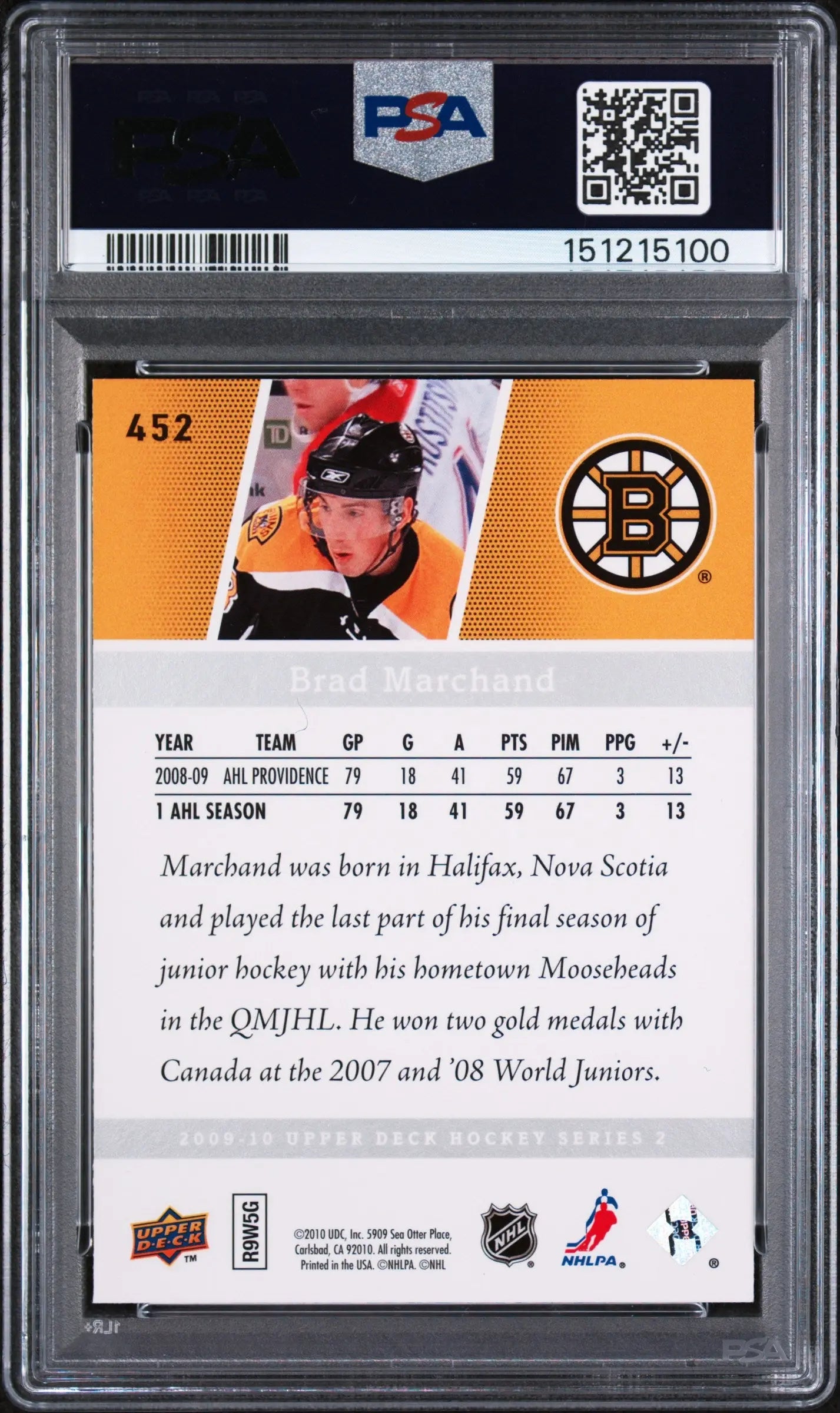 2009 Upper Deck Series 2 Young Guns Rookie Brad Marchand RC PSA 9 