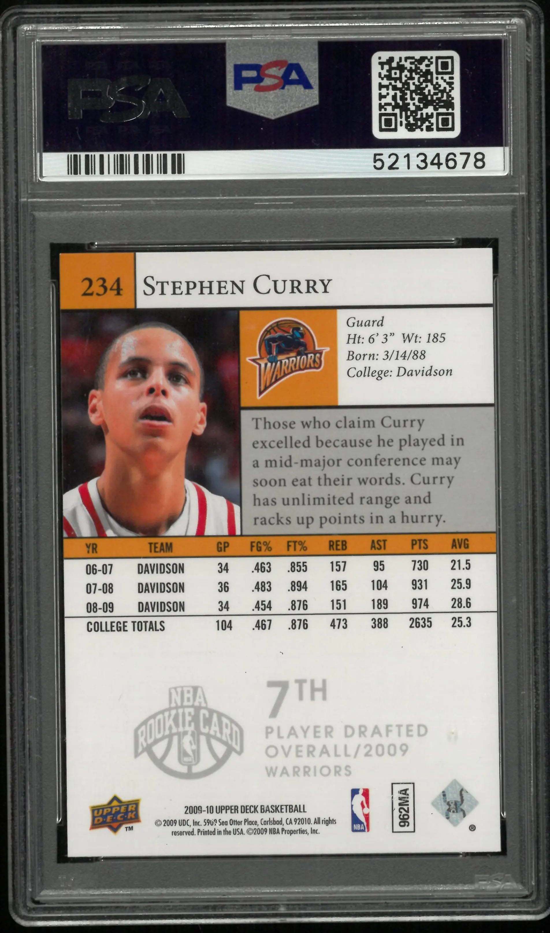 2009 Upper Deck Stephen Curry #234 PSA 9 Rookie RC 