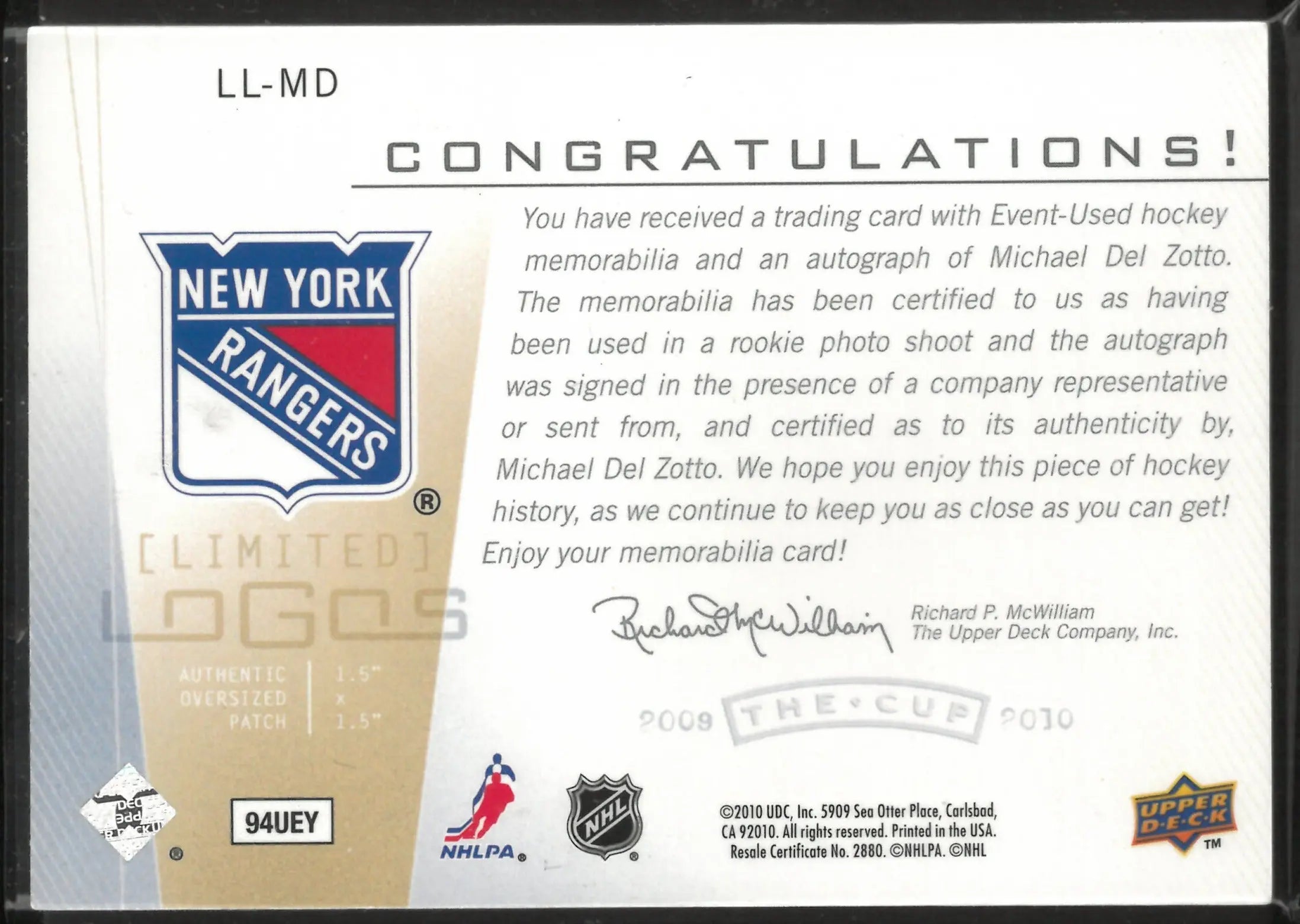 2009 Upper Deck The Cup Limited Logos Patch Auto Michael Del Zotto /50 