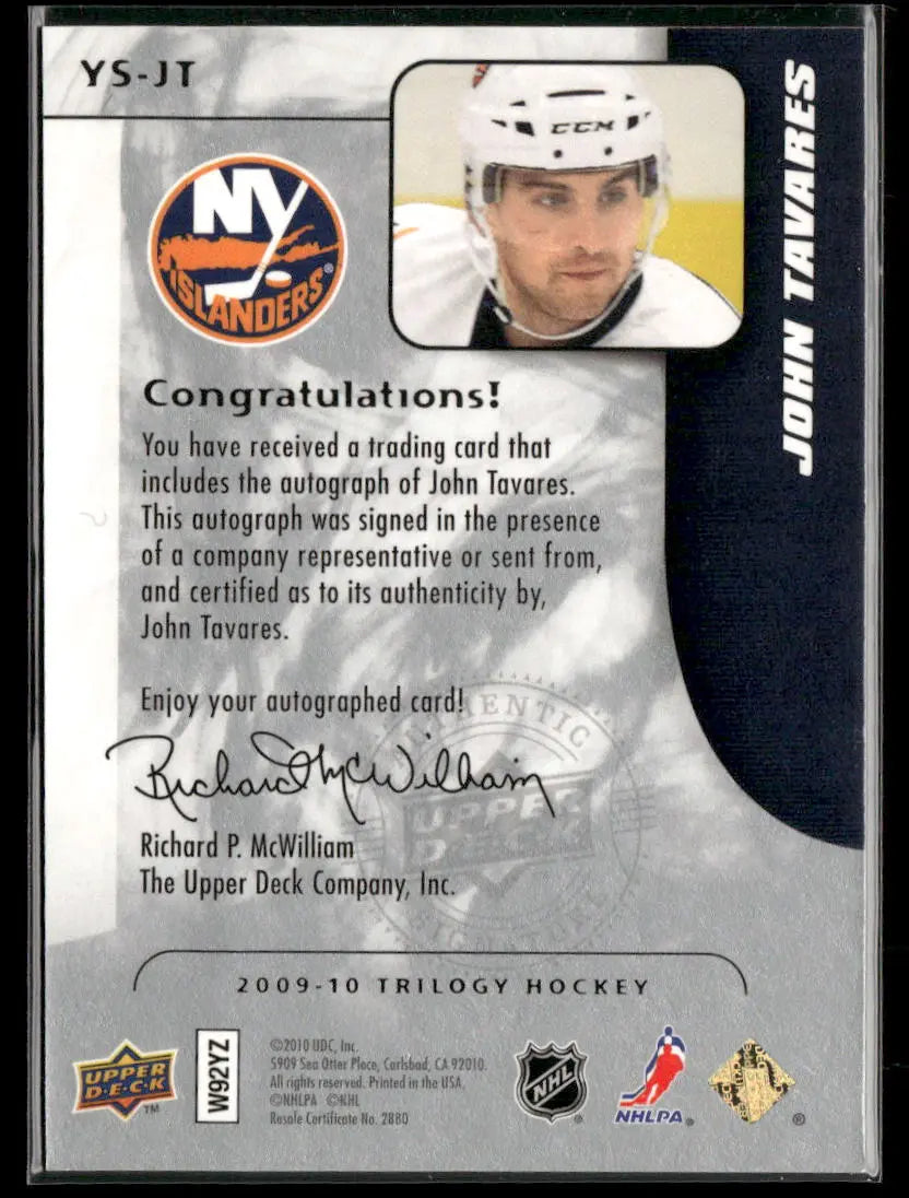 2009 Upper Deck Trilogy Hockey Young Star Scripts Rookie Auto John Tavares 
