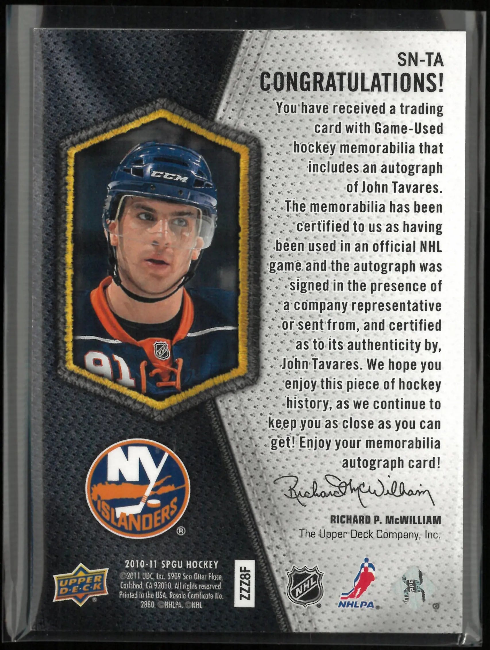 2010-11 Upper Deck SPGU Significant Numbers John Tavares Autograph Patch Auto /91 