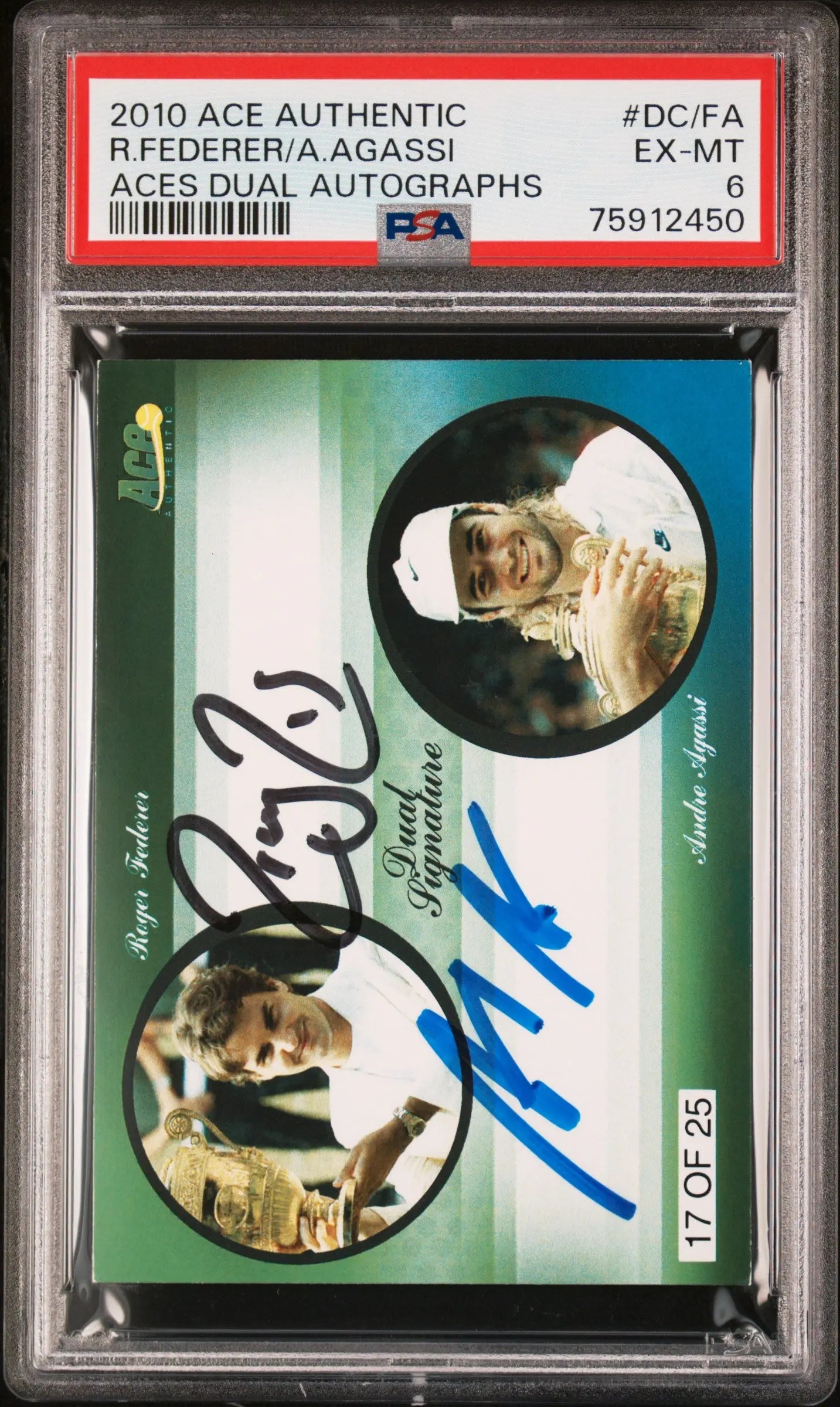 2010 Ace Authentic Aces Dual Autographs #DC/FA Federer Agassi /25 PSA 6 