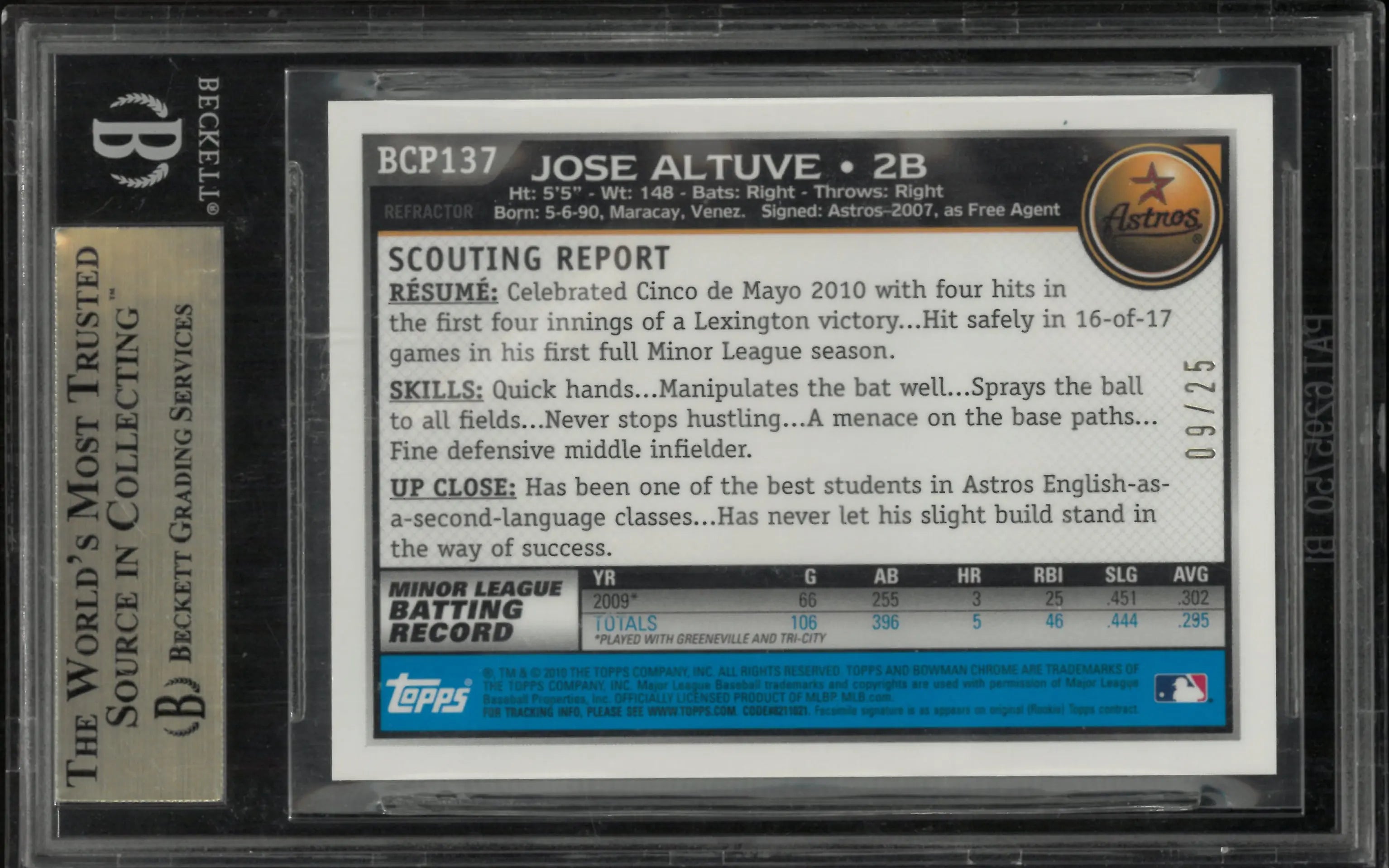 2010 Bowman Chrome Prospects Orange Refractors Jose Altuve RC Rookie BGS 9.5 /25 