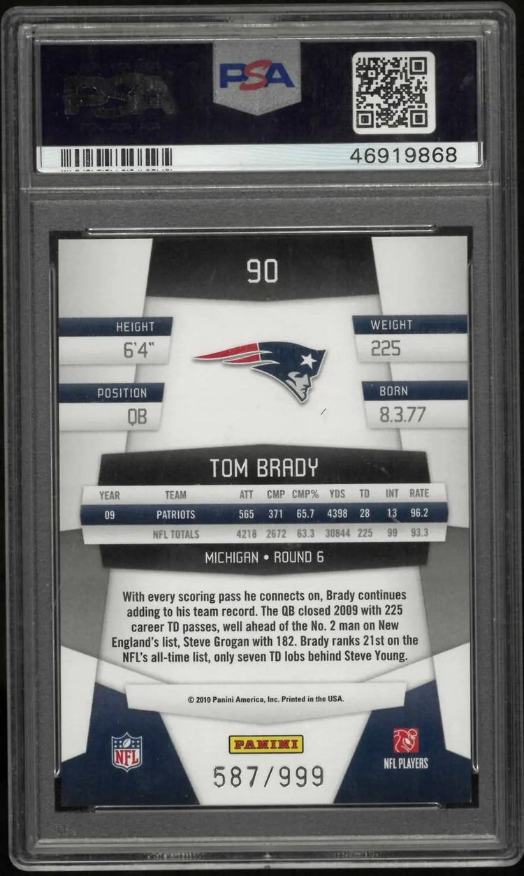 2010 Panini Certified Tom Brady Platinum Red /999 PSA 10 